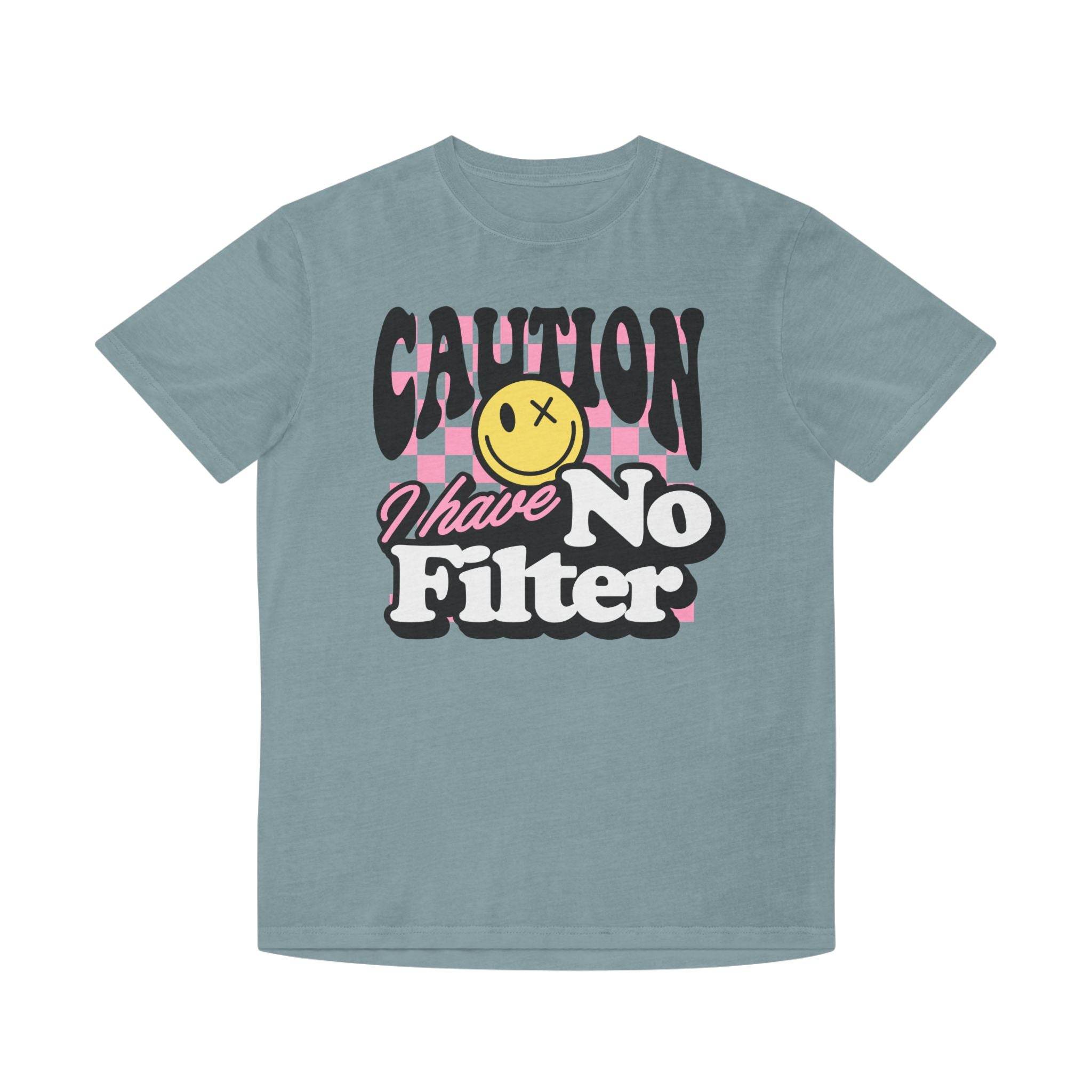 Printify eco-friendly unisex faded shirt in blue with caution and no filter graphic design