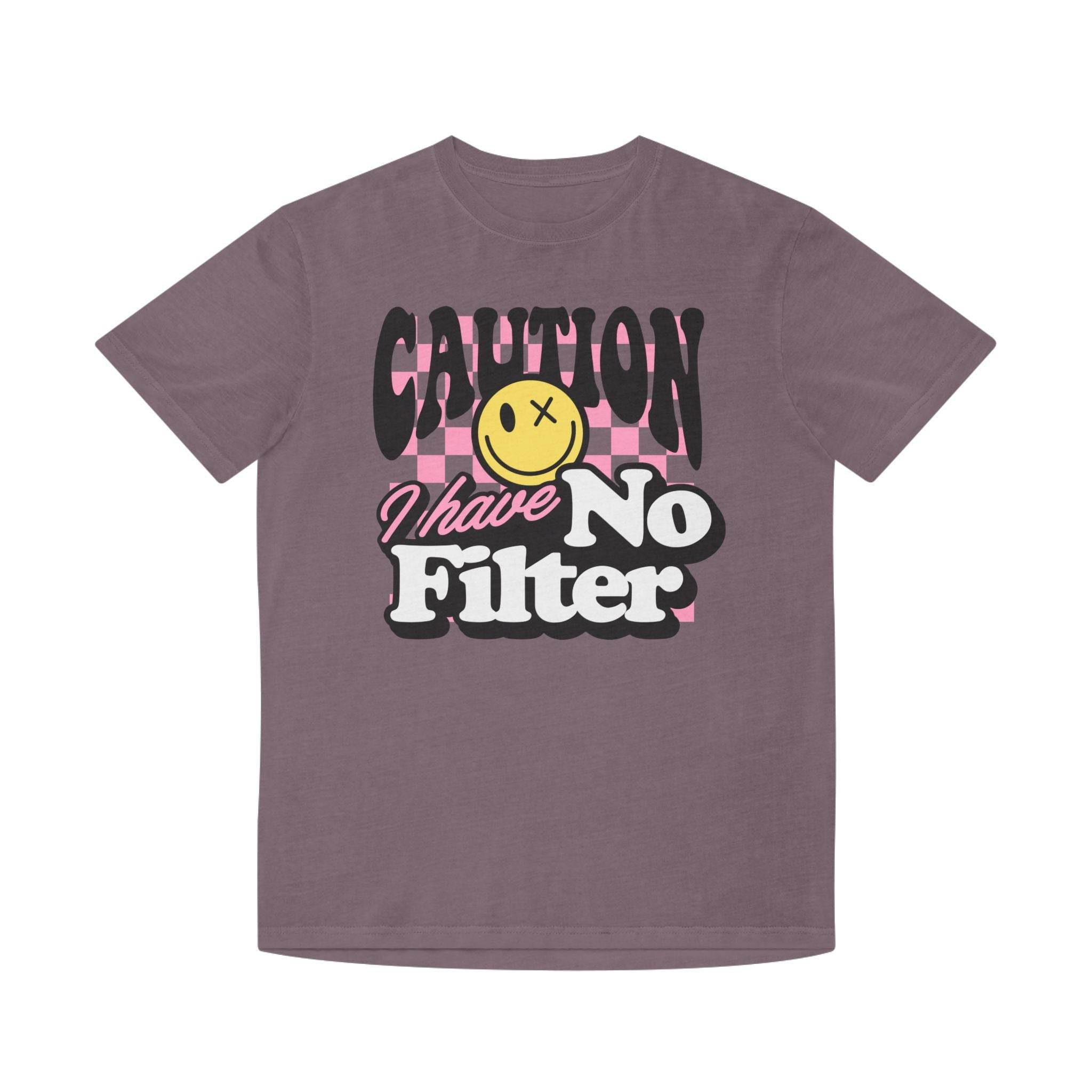 Printify eco-friendly unisex faded shirt with caution I have no filter graphic design in purple