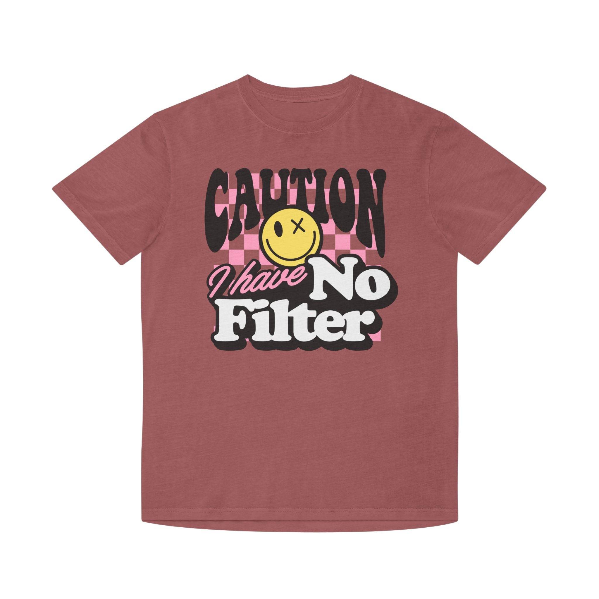 Printify eco-friendly unisex faded shirt in faded red with caution I have no filter graphic print