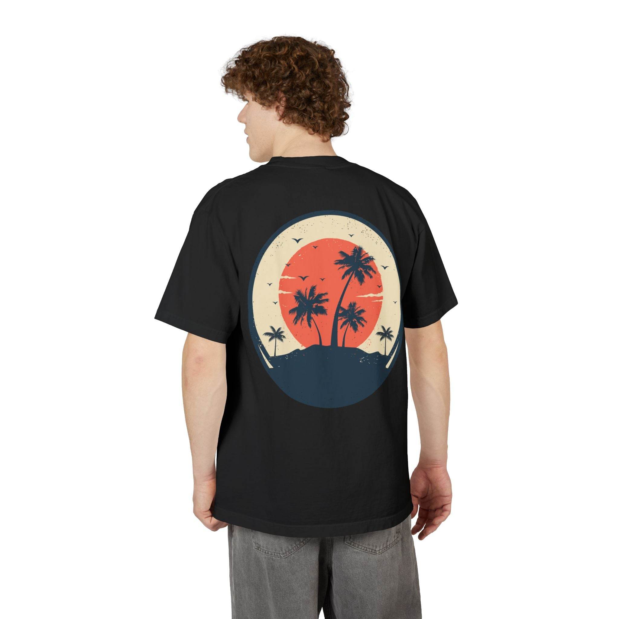Printify eco-friendly unisex graphic tee with palm tree sunset design on black fabric