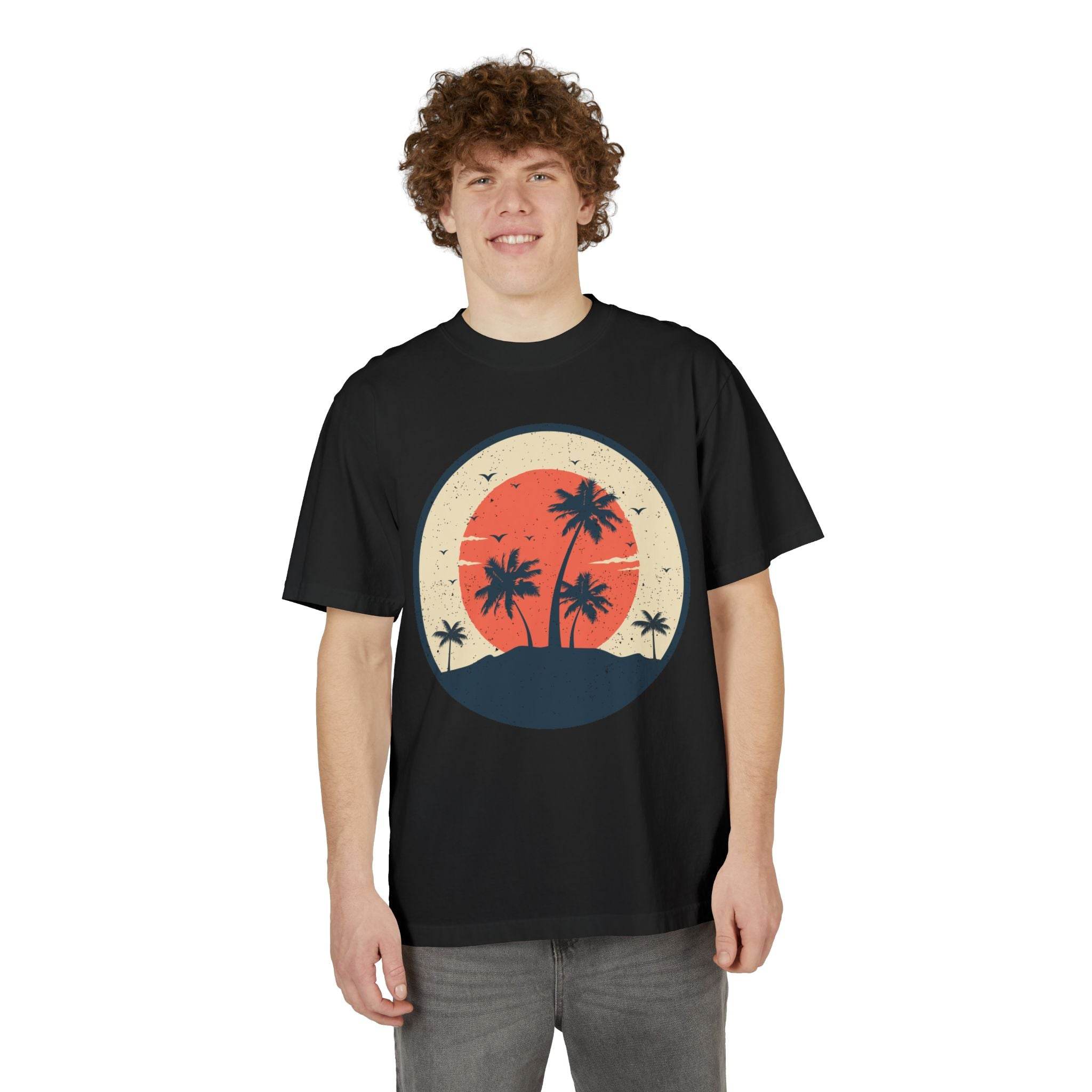 Printify eco-friendly unisex graphic tee with retro palm tree sunset design in black