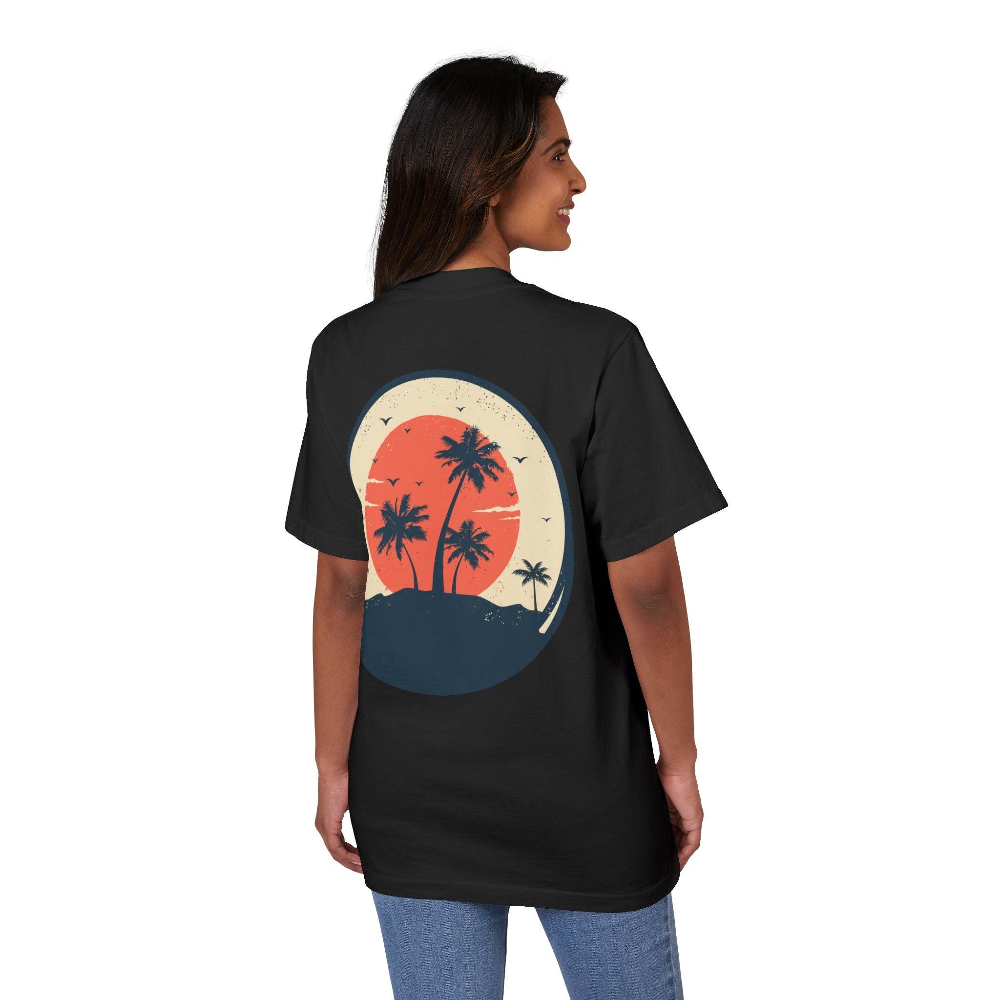 Printify eco-friendly unisex graphic tee in black with sunset and palm tree design on back