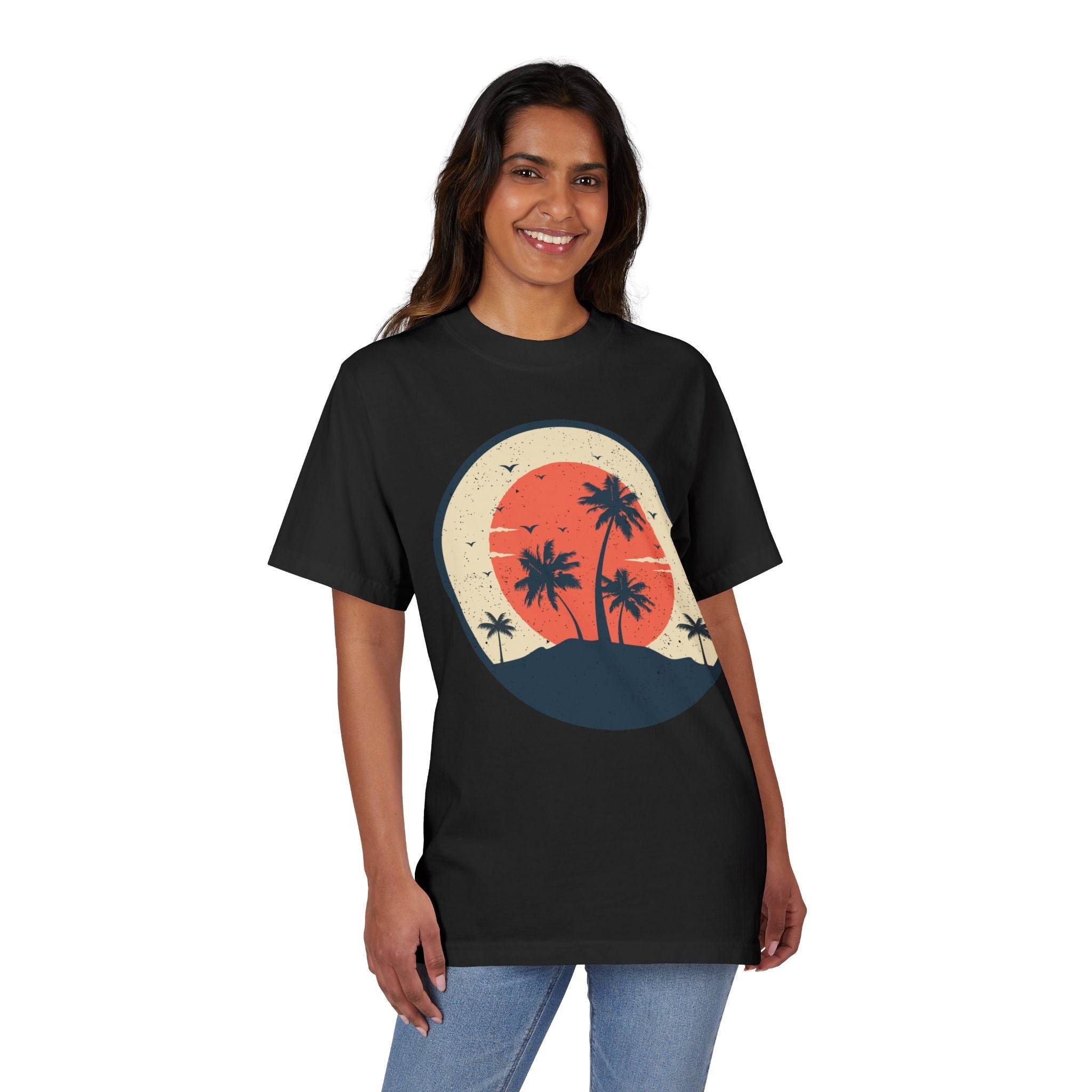 Printify eco-friendly unisex graphic tee with palm tree sunset design worn by a smiling woman