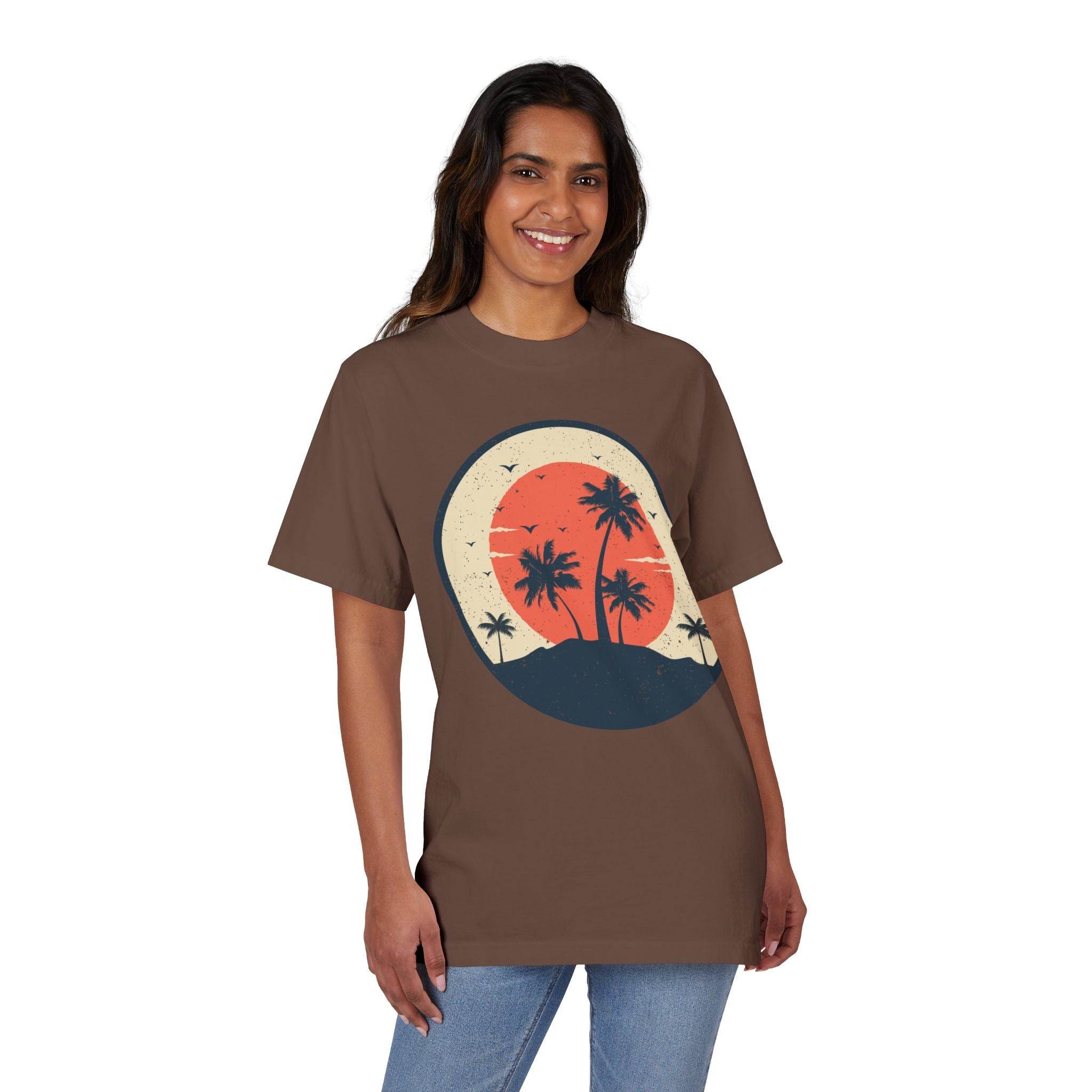 Printify eco-friendly unisex graphic tee with retro palm tree sunset design worn by smiling woman