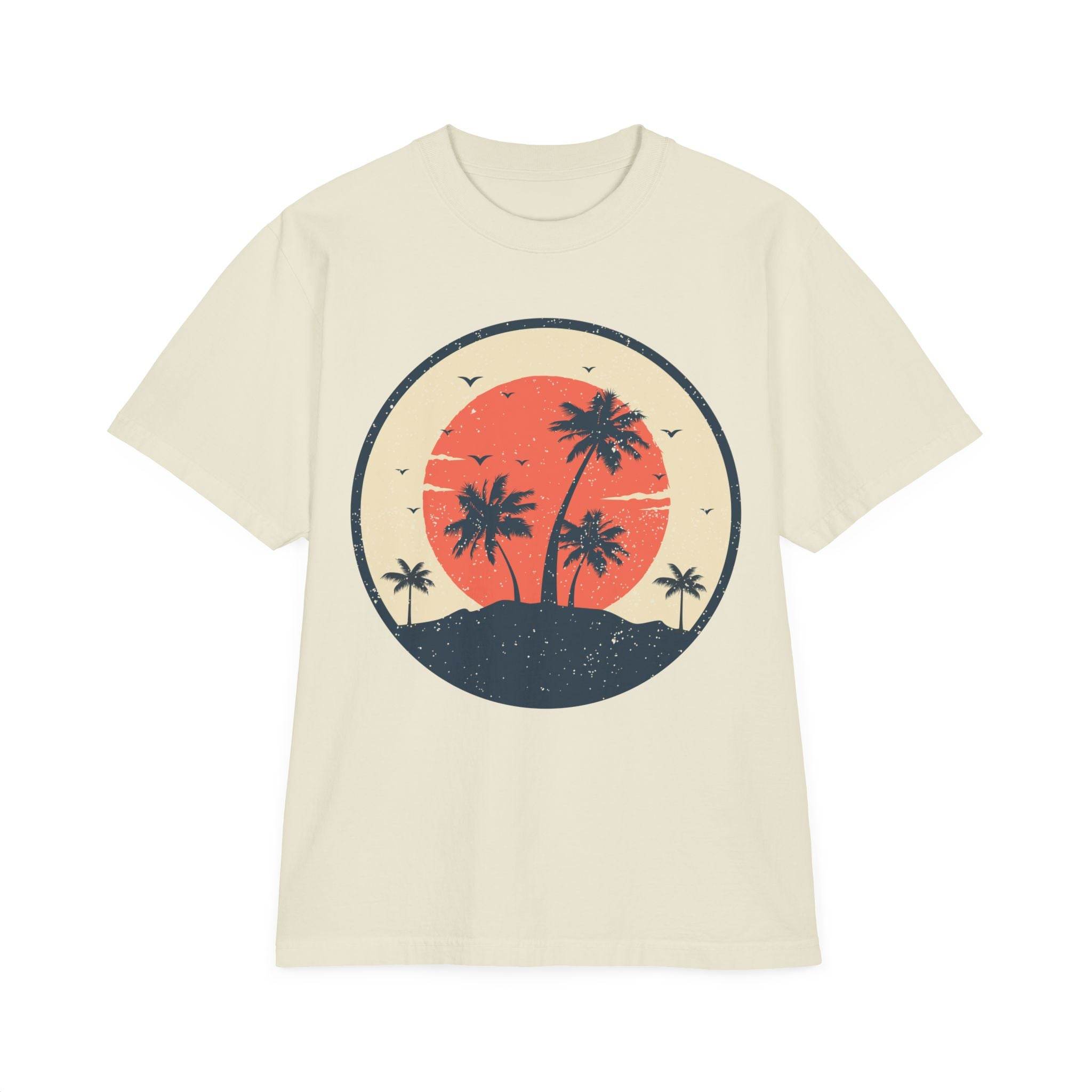Printify eco-friendly unisex graphic tee with a vintage sunset and palm tree design on cream fabric