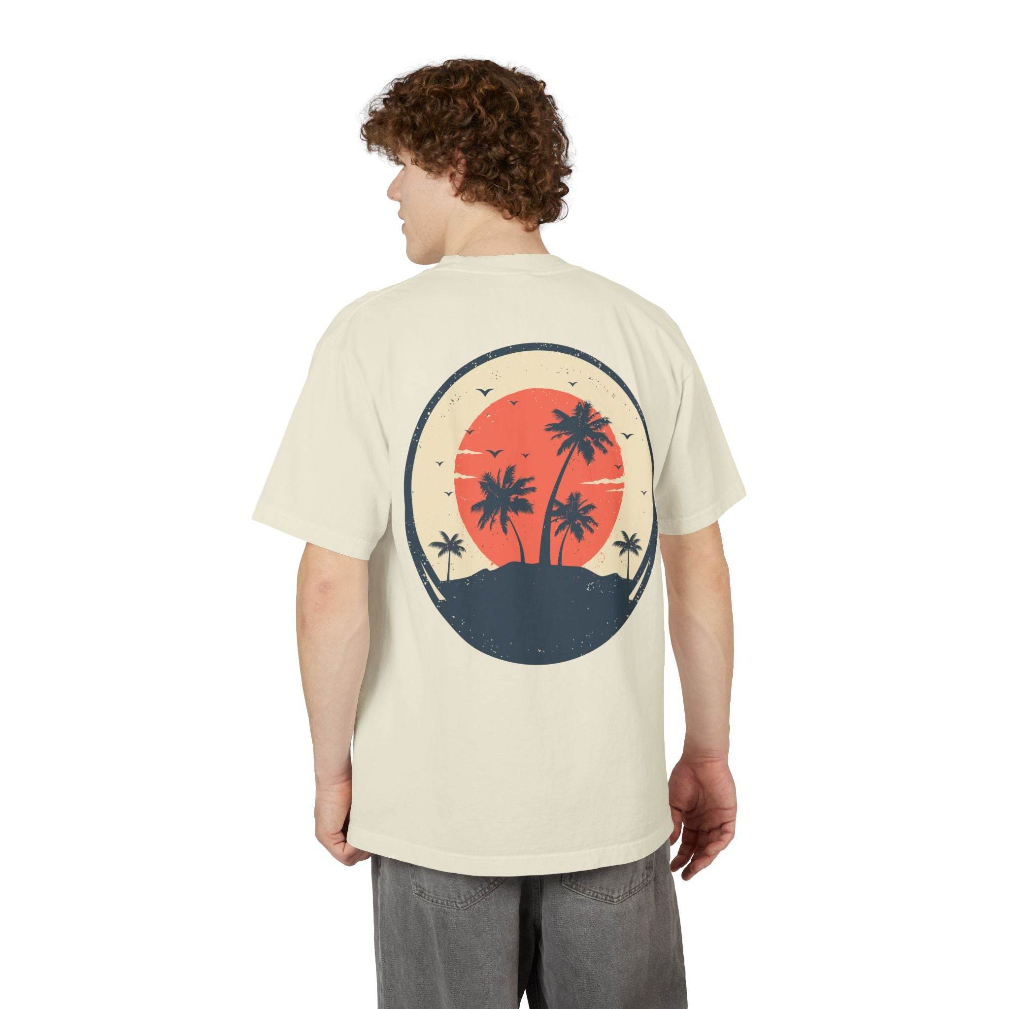 Printify eco-friendly unisex graphic tee with tropical sunset palm tree design on back