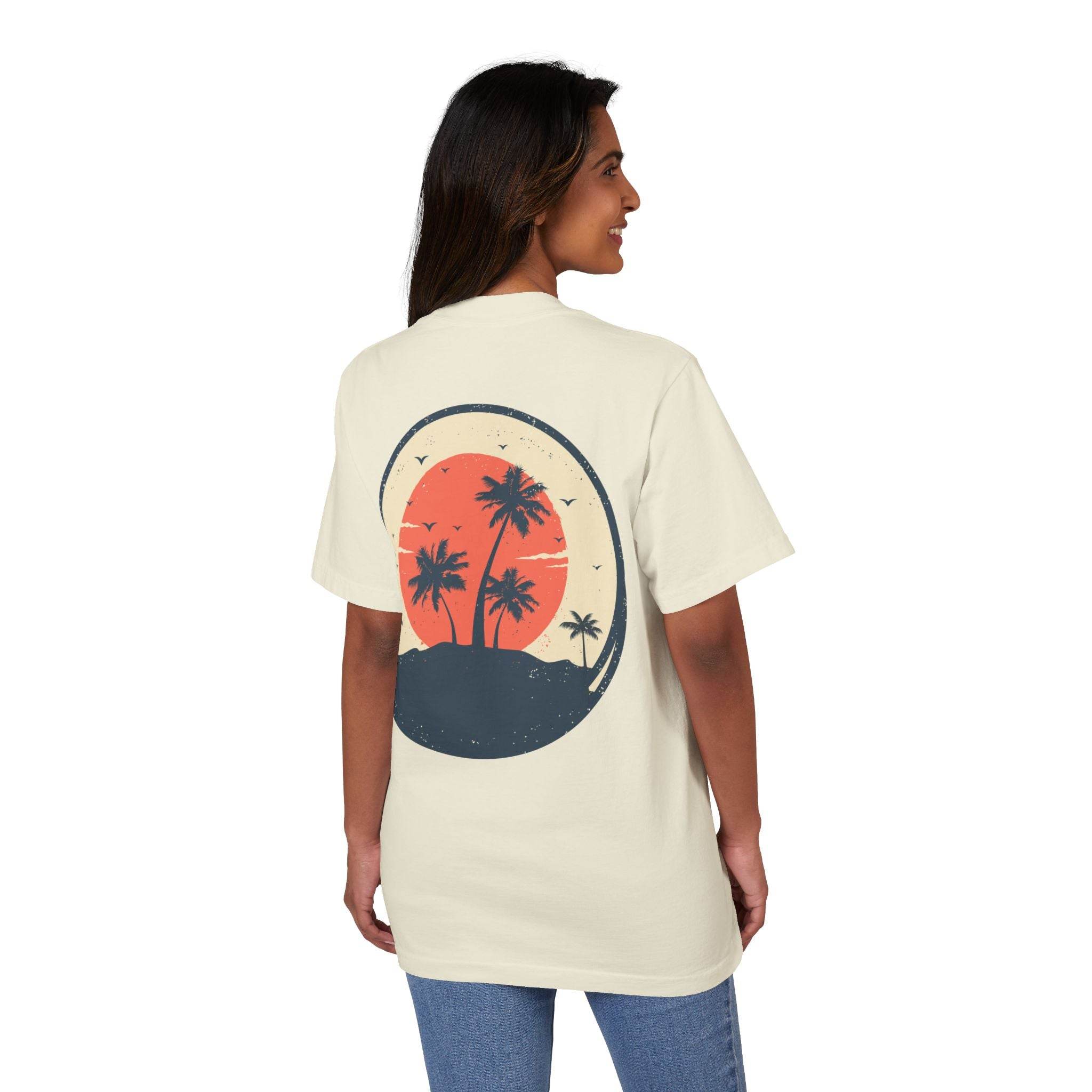 Printify eco-friendly unisex graphic tee with palm tree sunset design on back