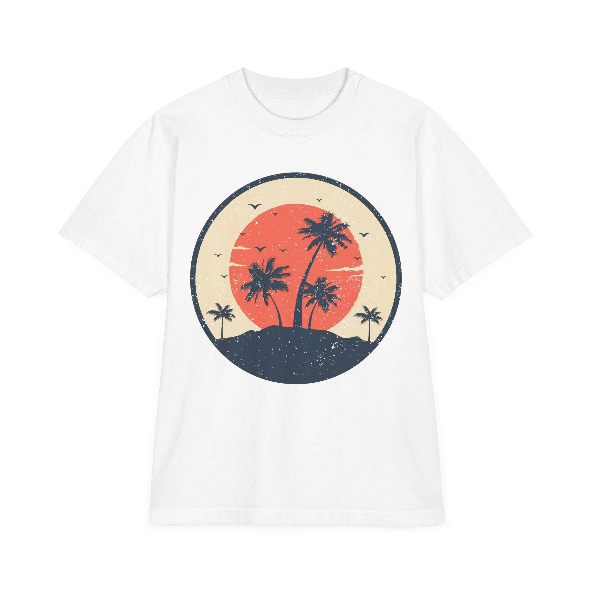 Printify eco-friendly unisex graphic tee white with vintage palm tree sunset design