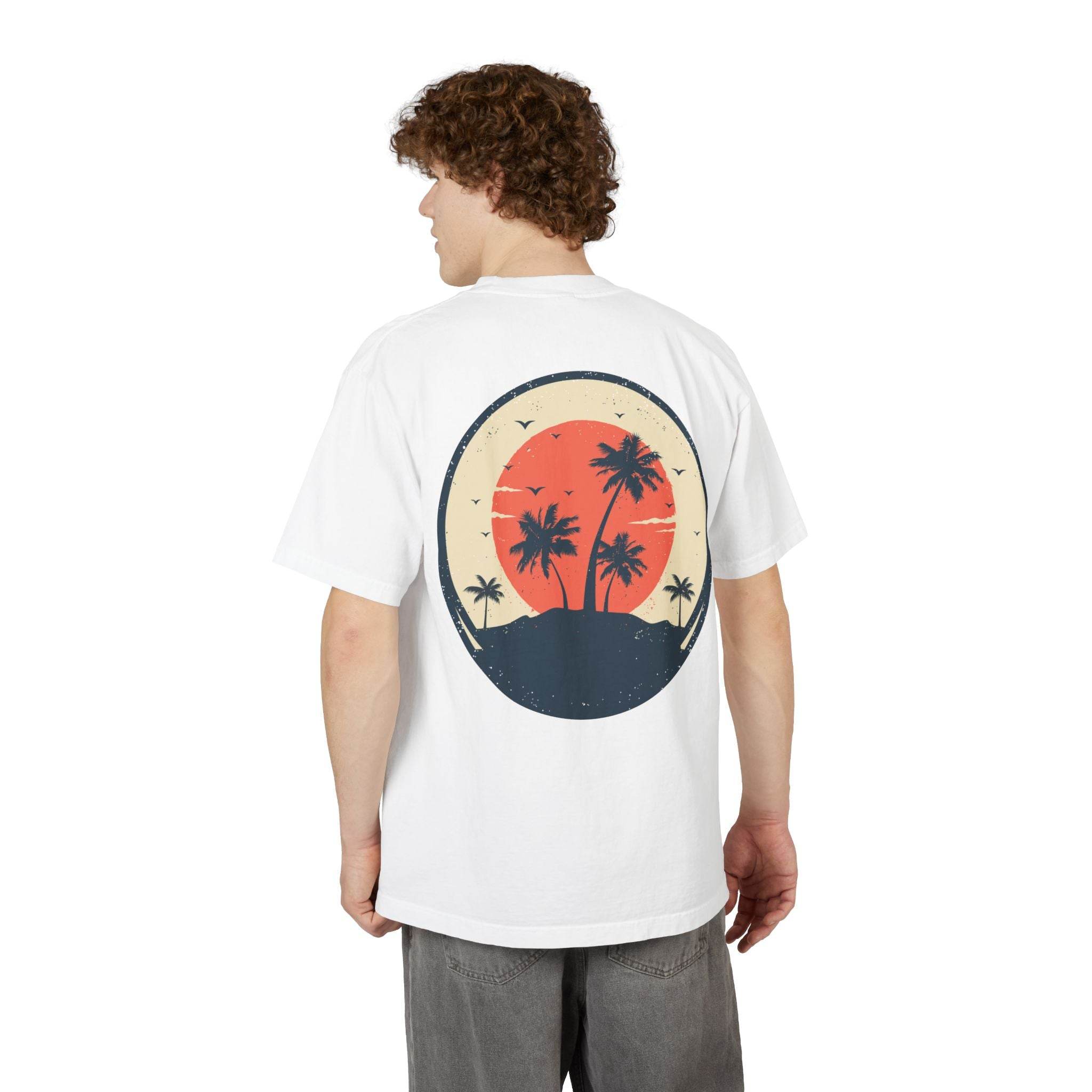 Printify eco-friendly unisex graphic tee with palm tree sunset design on white fabric