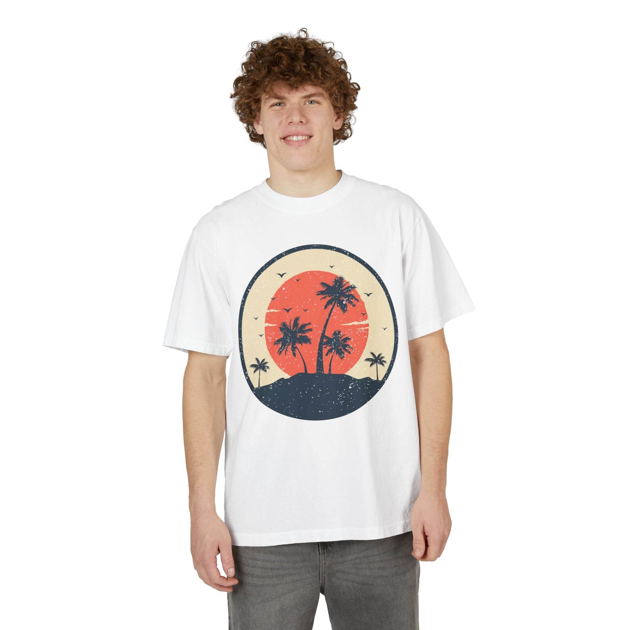 Printify eco-friendly unisex graphic tee with palm tree sunset design worn by man