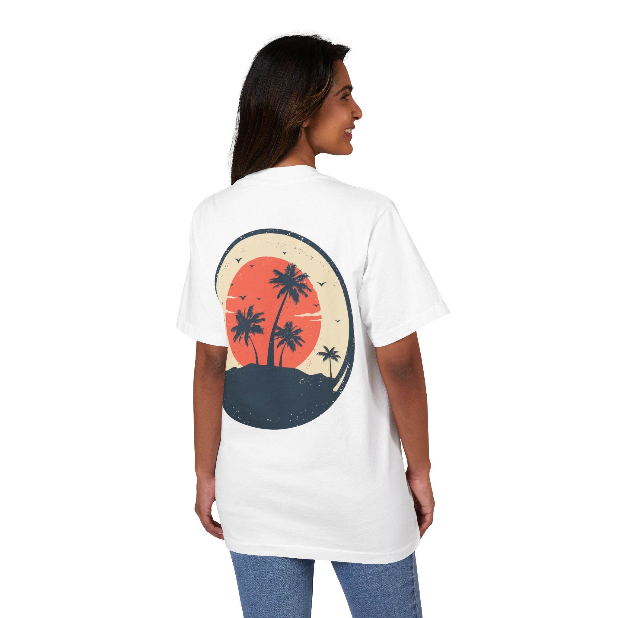 Printify eco-friendly unisex graphic tee white with palm tree sunset design on back