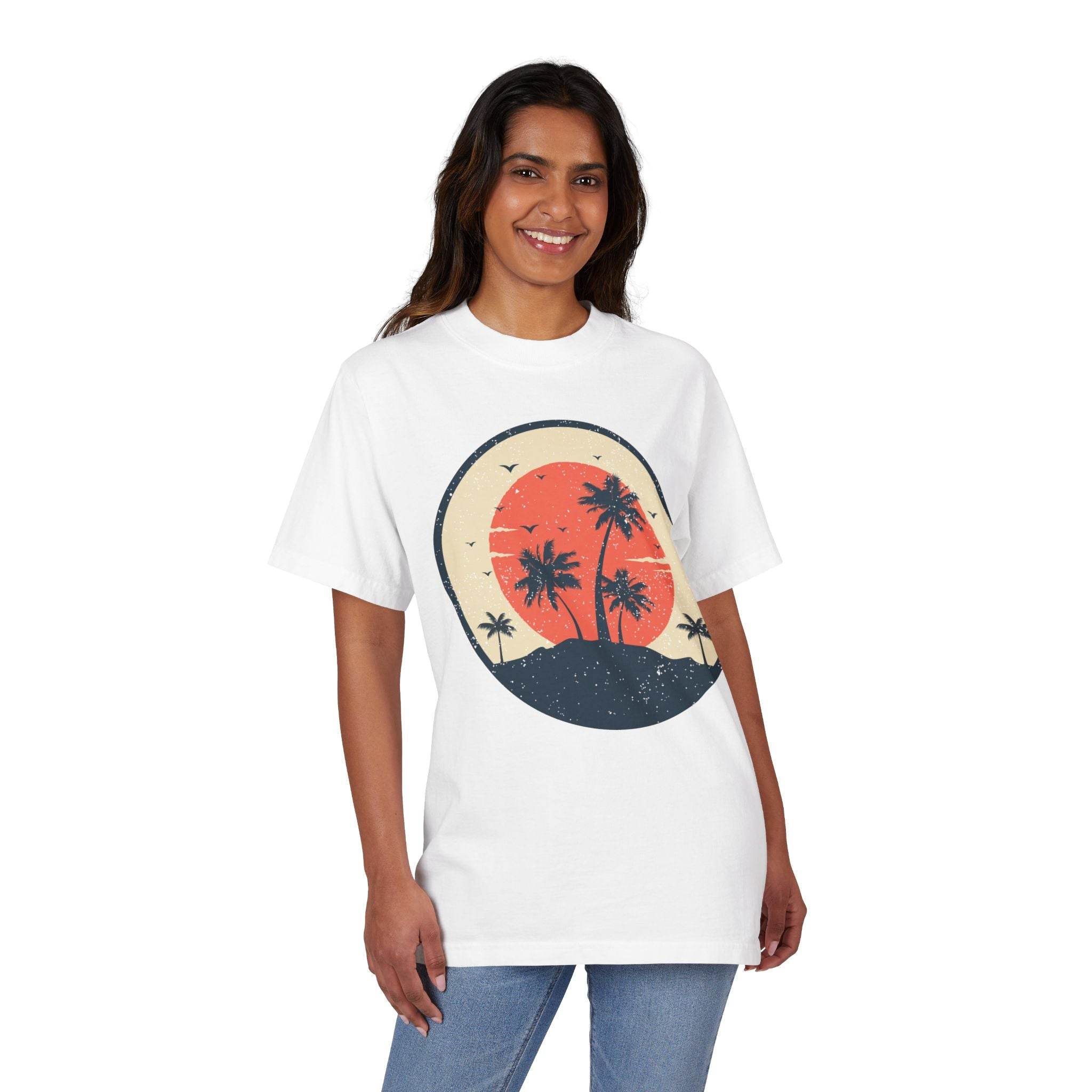 Printify eco-friendly unisex graphic tee with palm tree sunset design worn by smiling woman
