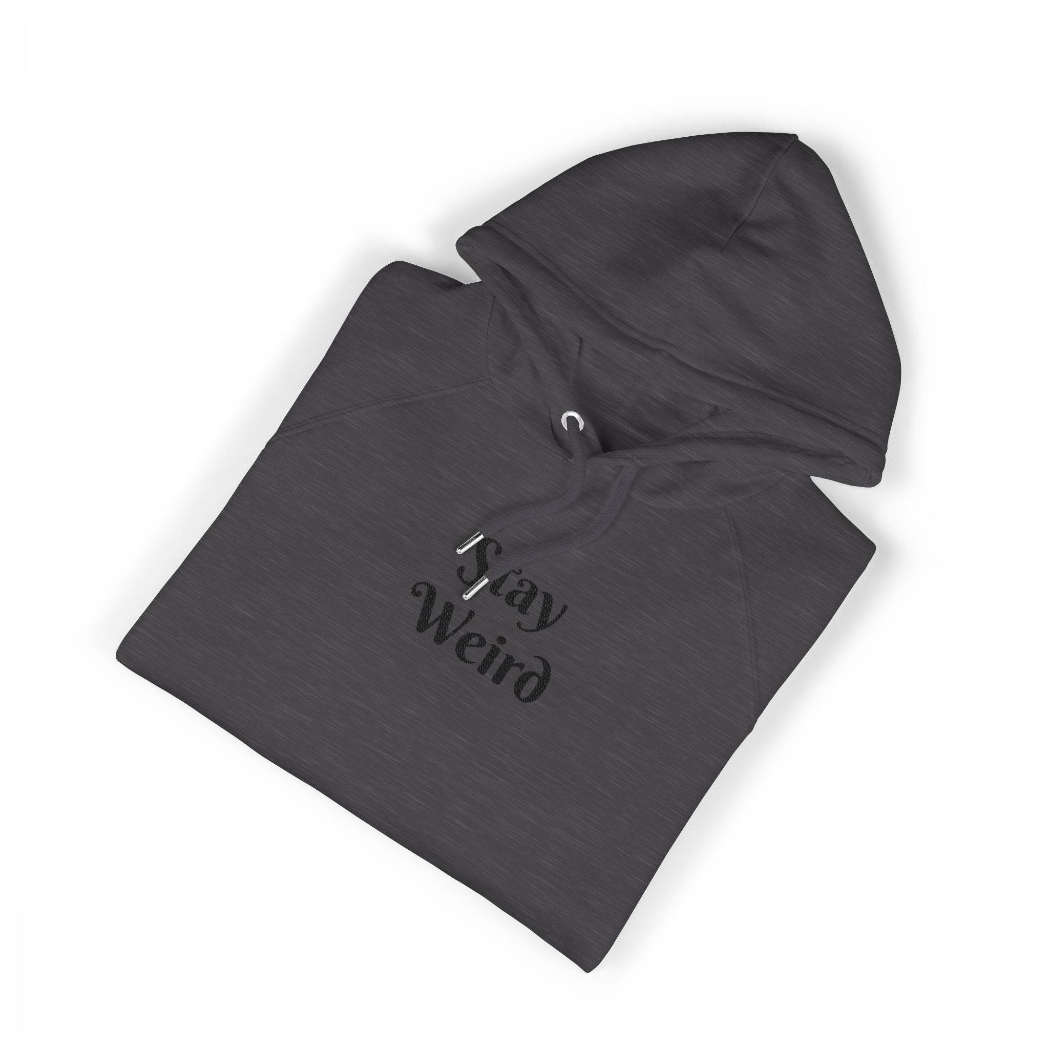 Printify dark gray eco friendly unisex hoodie with Stay Weird text and adjustable drawstring hood