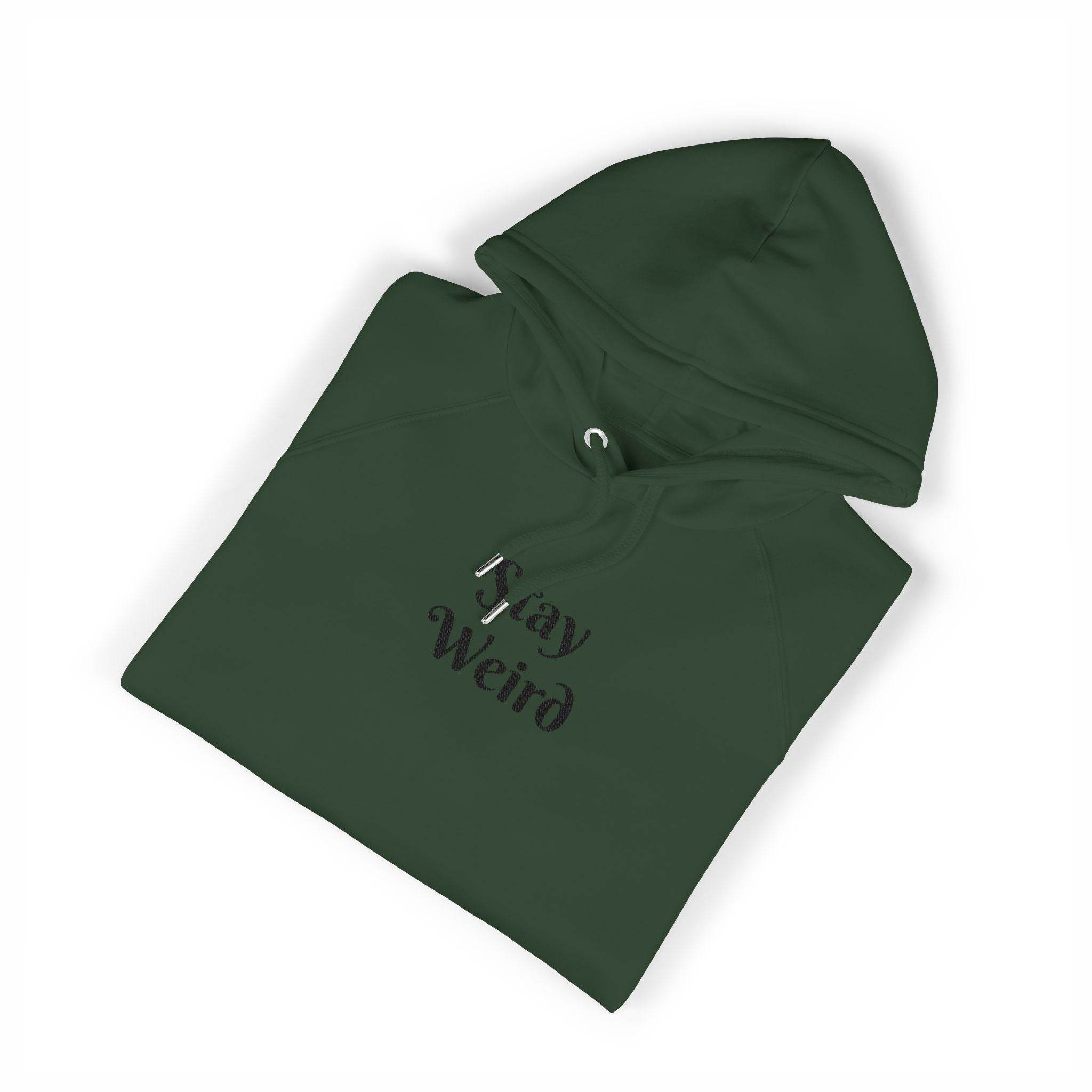 Dark green eco friendly unisex hoodie with I Say Weird text print folded neatly