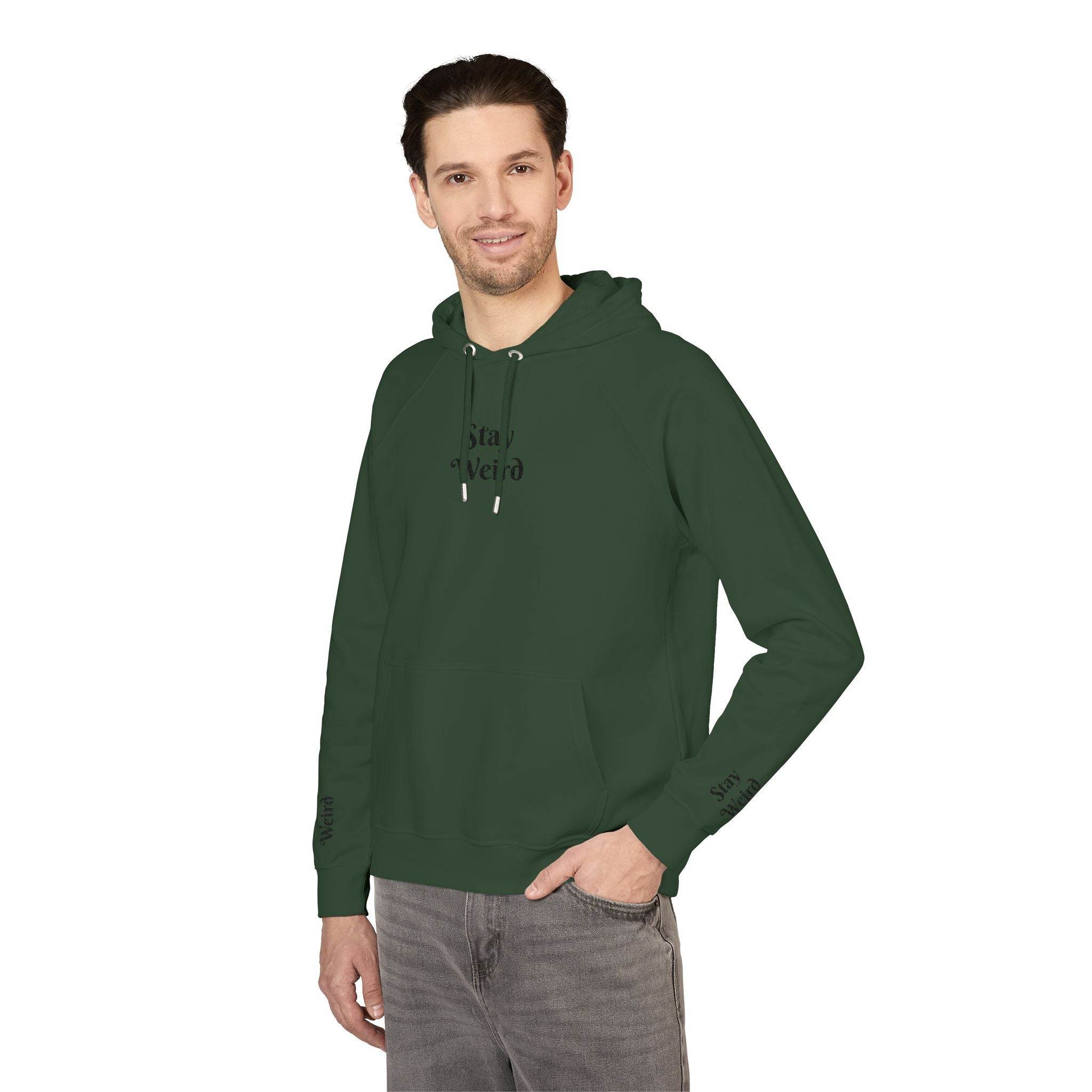 Printify eco friendly unisex hoodie in dark green worn by smiling male model with front pocket