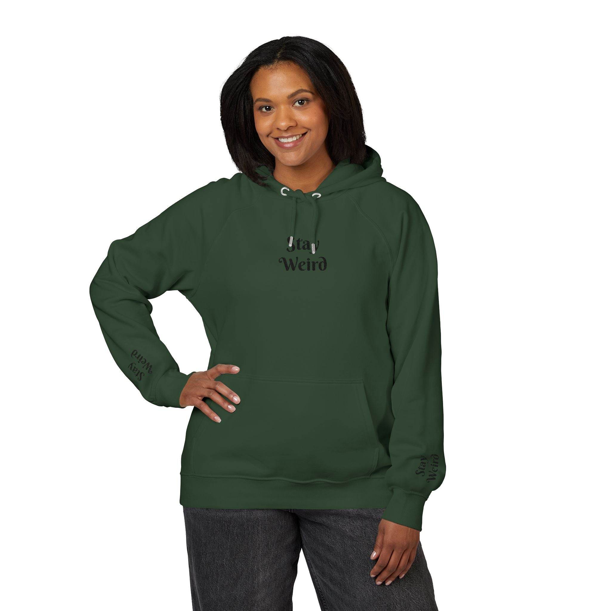 Printify eco friendly unisex hoodie in dark green with Stay Weird text and front pocket