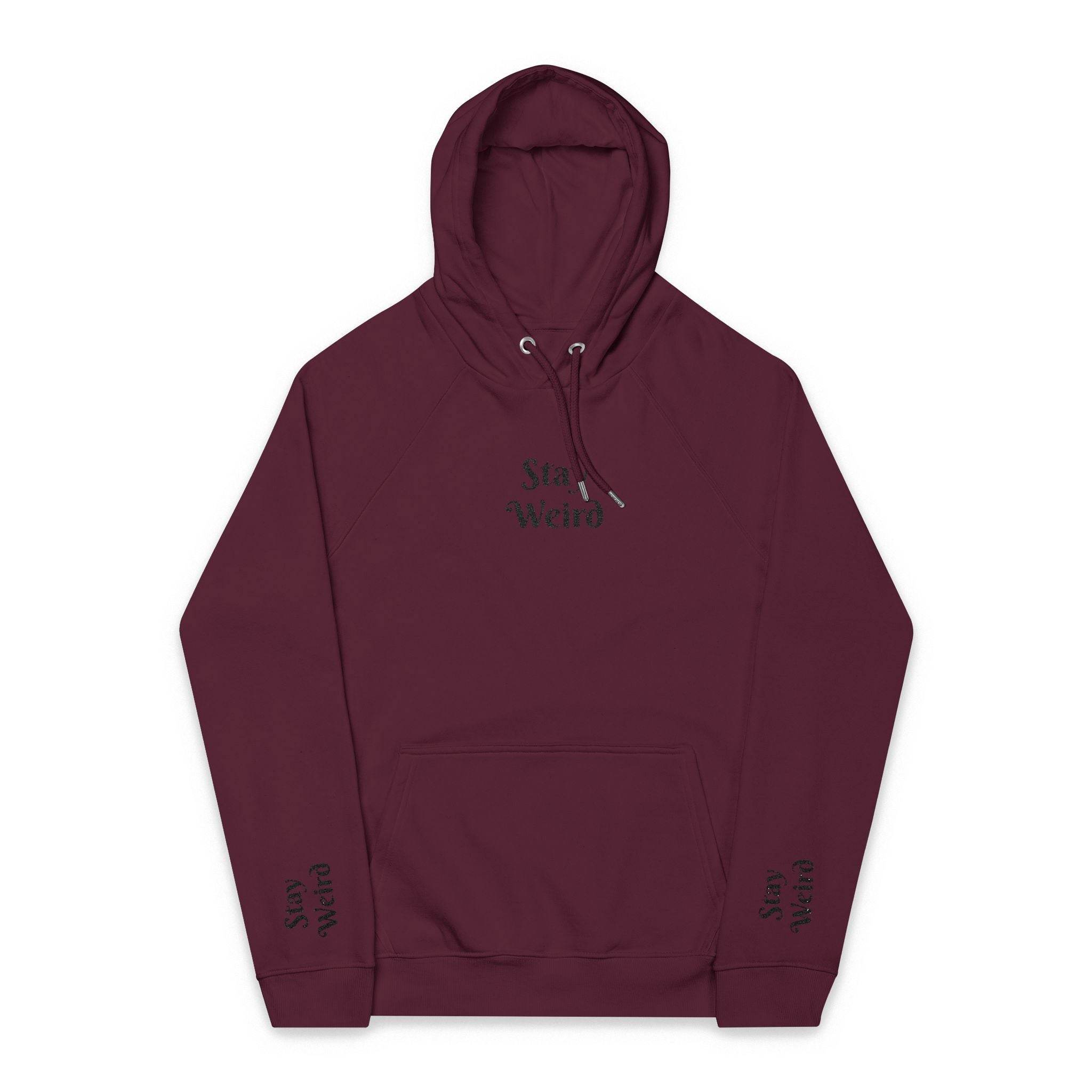 Printify eco friendly unisex hoodie in maroon with Stay Weird text on chest and sleeves