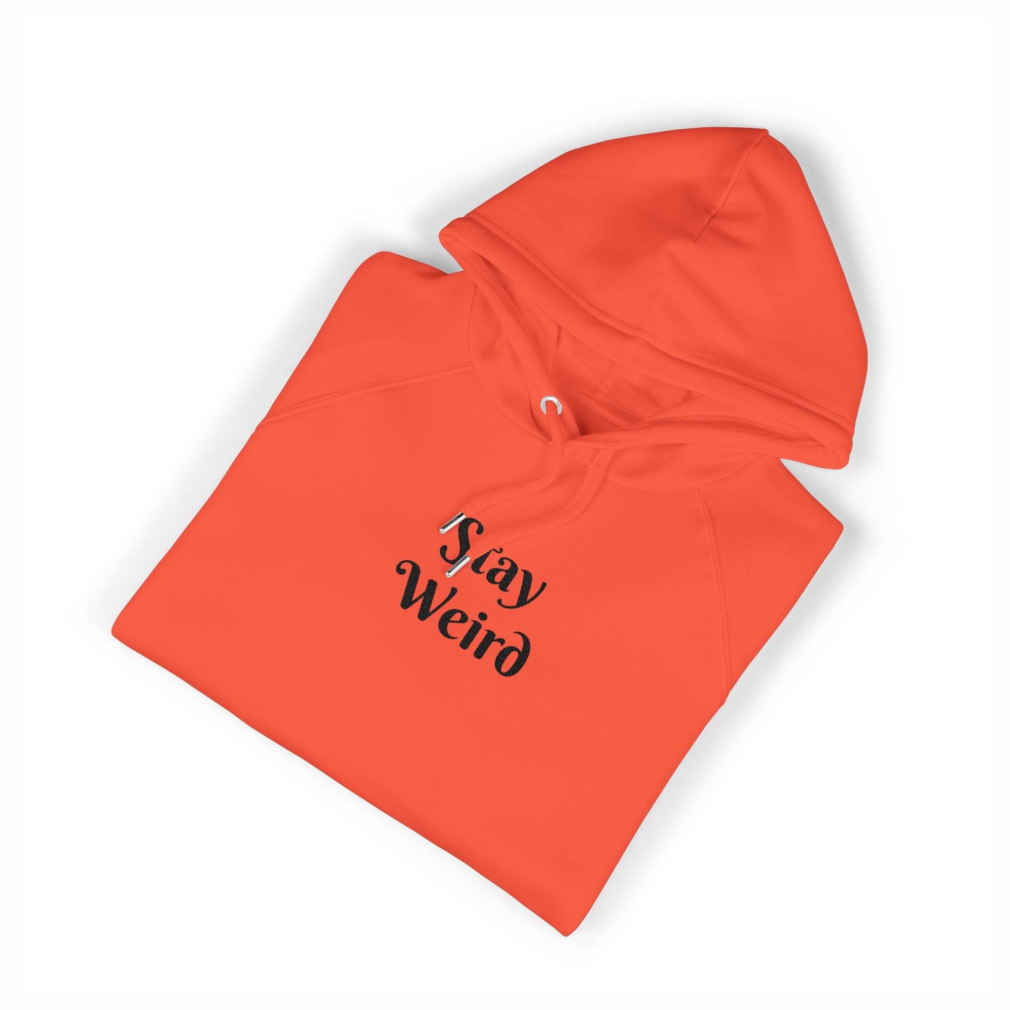 Orange eco friendly unisex hoodie from Printify with Stay Weird text design on front