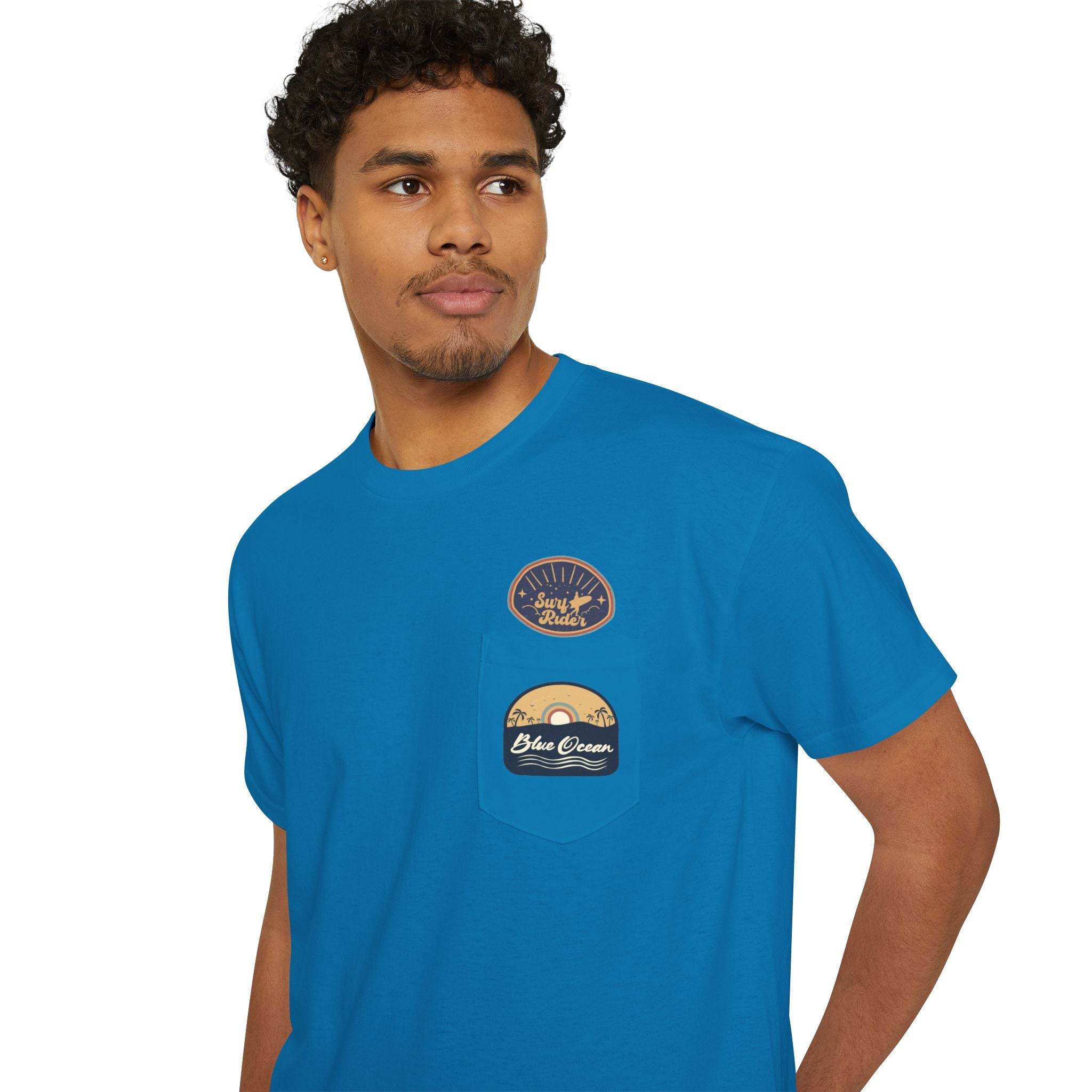 Printify blue eco-friendly unisex pocket tee with graphic prints on the chest pocket worn by a male model