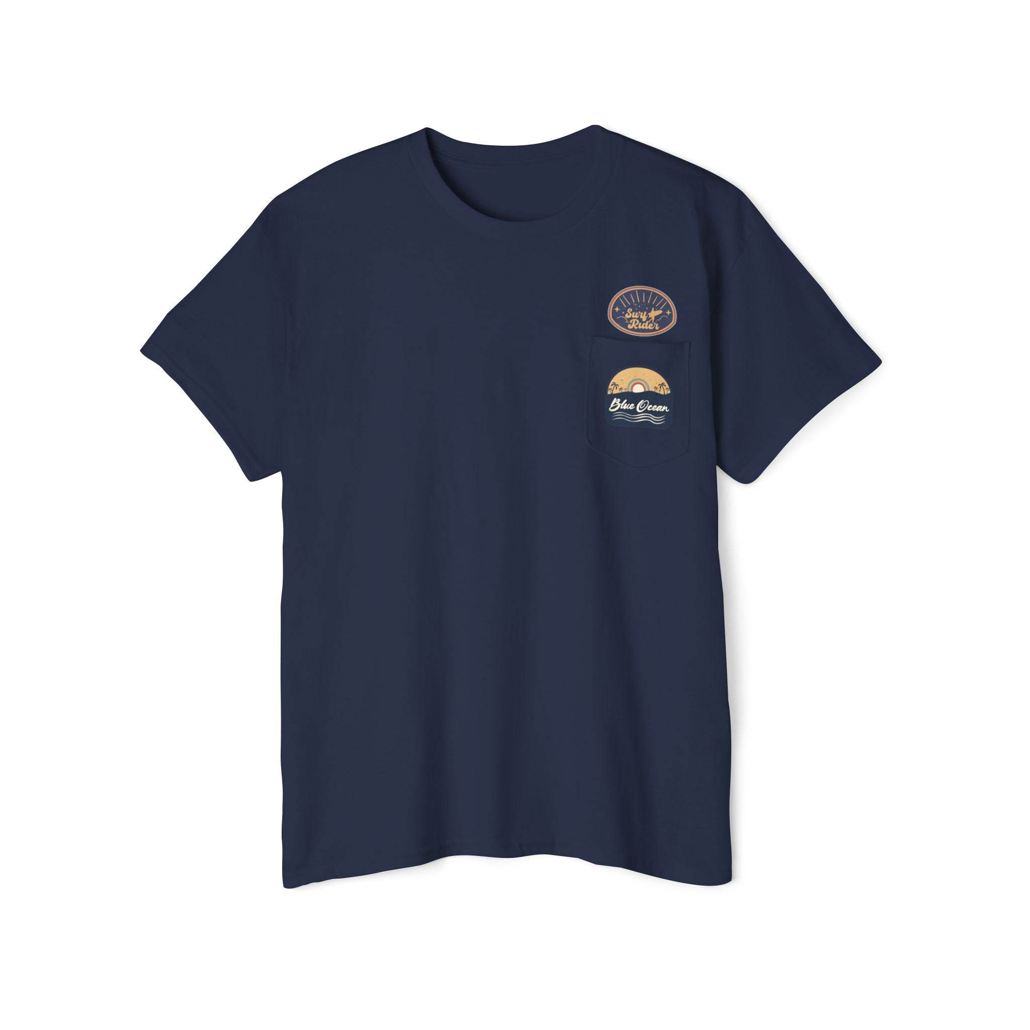 Navy blue Printify eco-friendly unisex pocket tee with small graphic designs on the chest