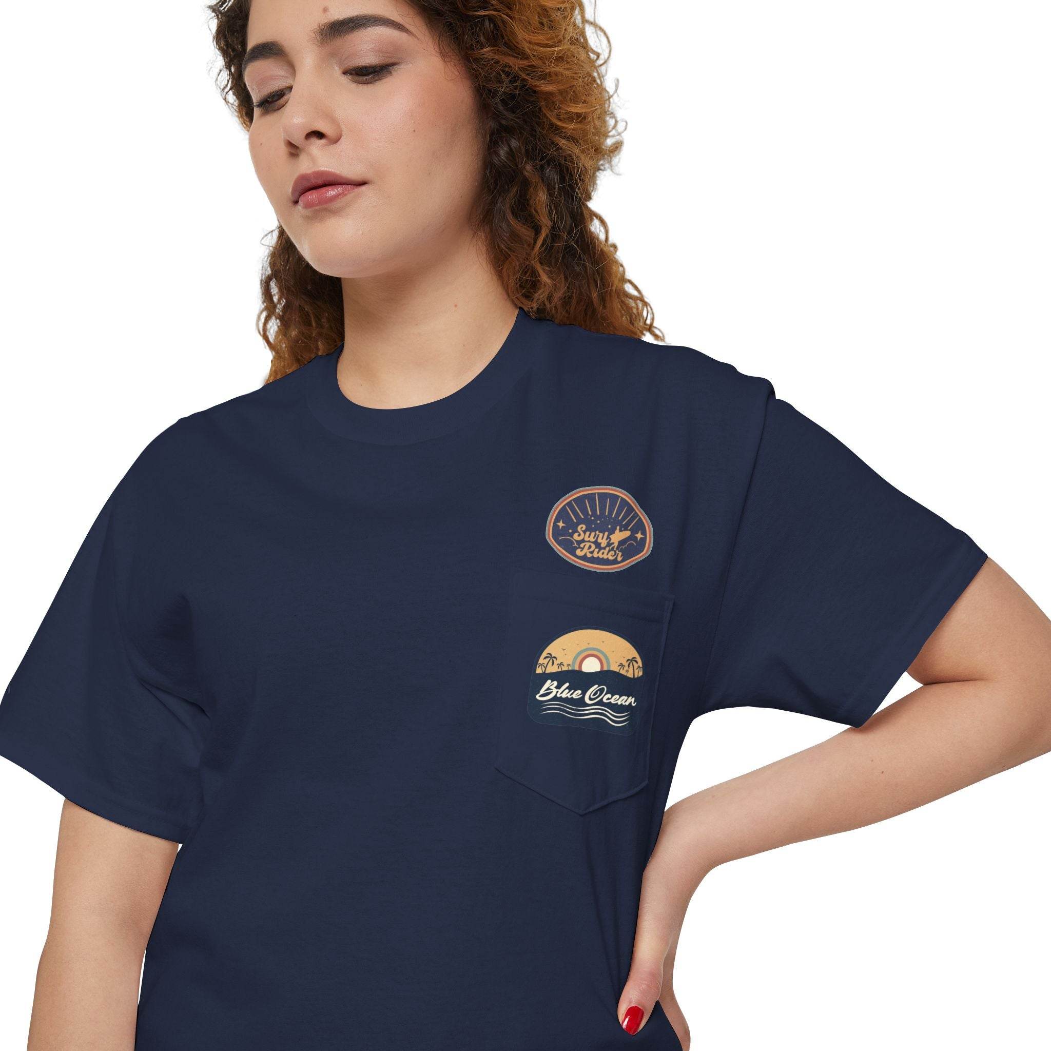 Printify navy blue eco-friendly unisex pocket tee with beach-themed printed designs on the pocket