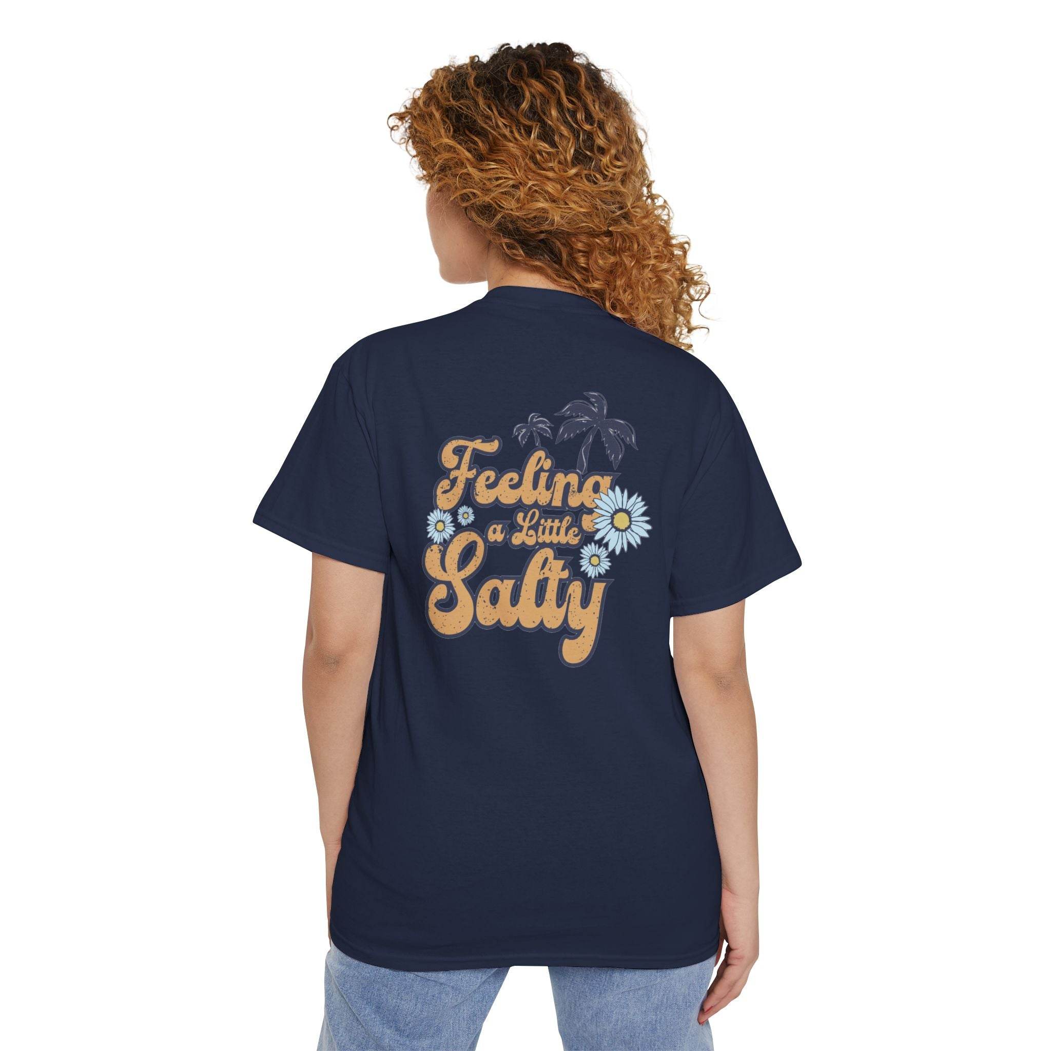 Printify eco-friendly unisex pocket tee navy blue with Feeling a Little Salty graphic on back