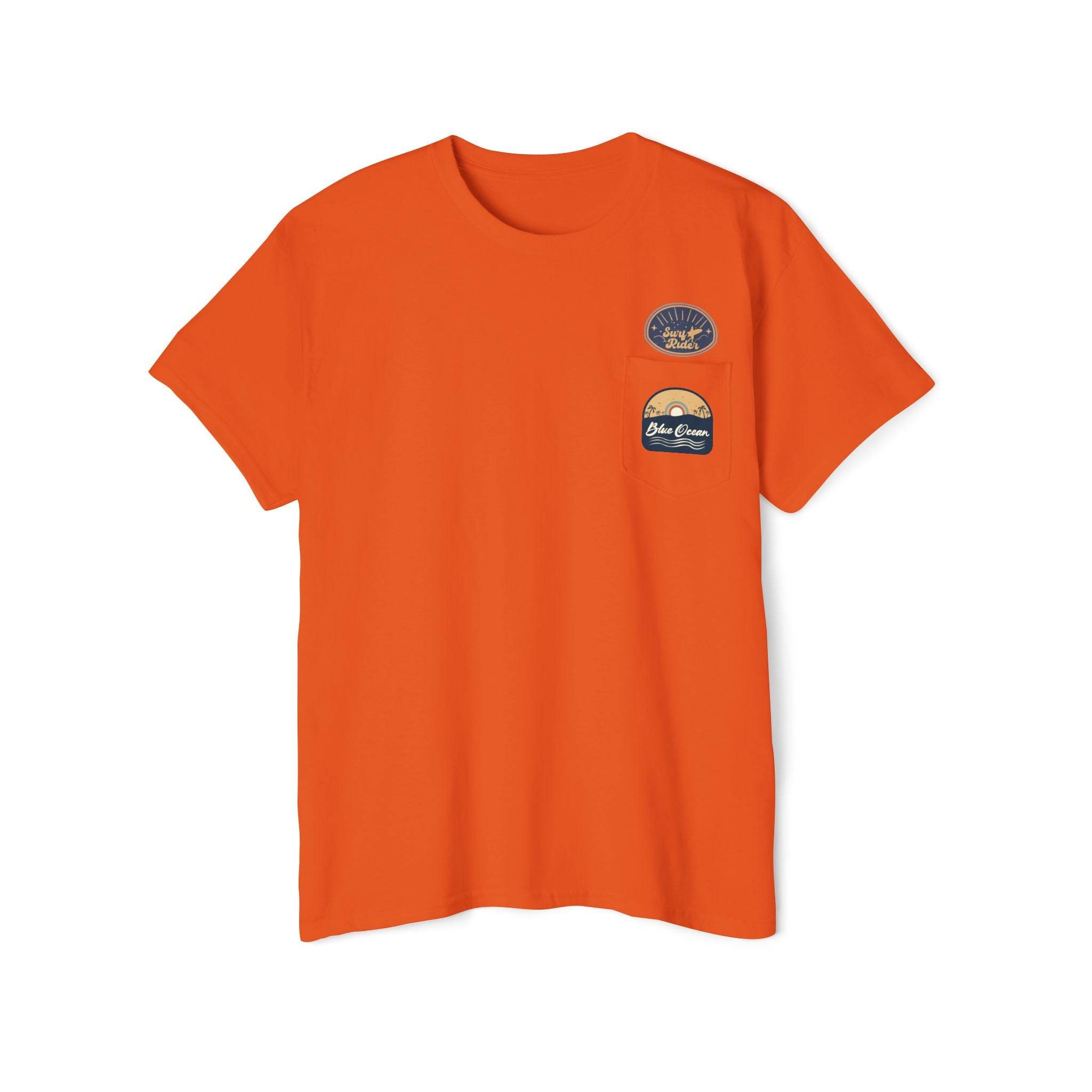 Printify orange eco-friendly unisex pocket tee with two small patch designs on chest