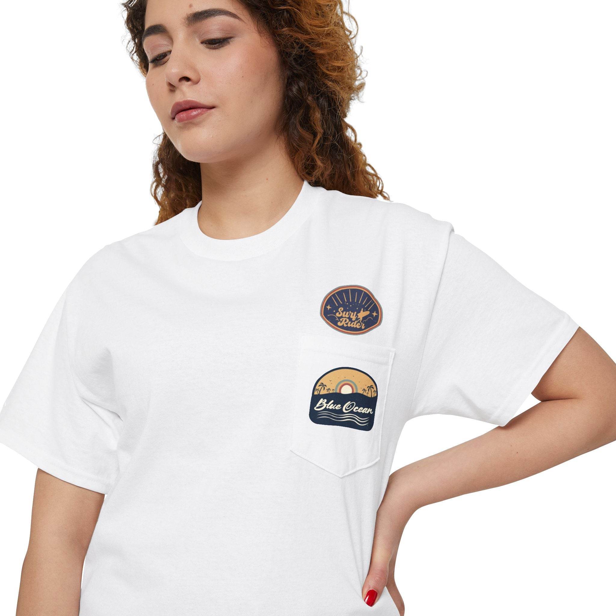 Printify white eco-friendly unisex pocket tee with graphic patches on the chest pocket
