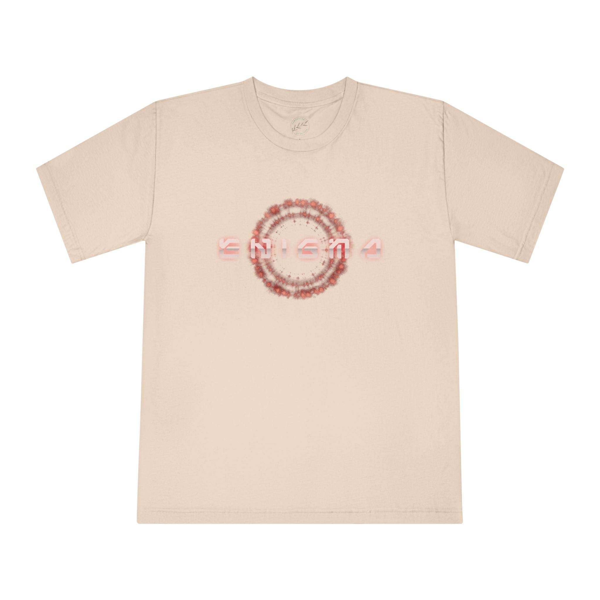 Printify beige eco-friendly unisex t-shirt with circular abstract graphic design on front