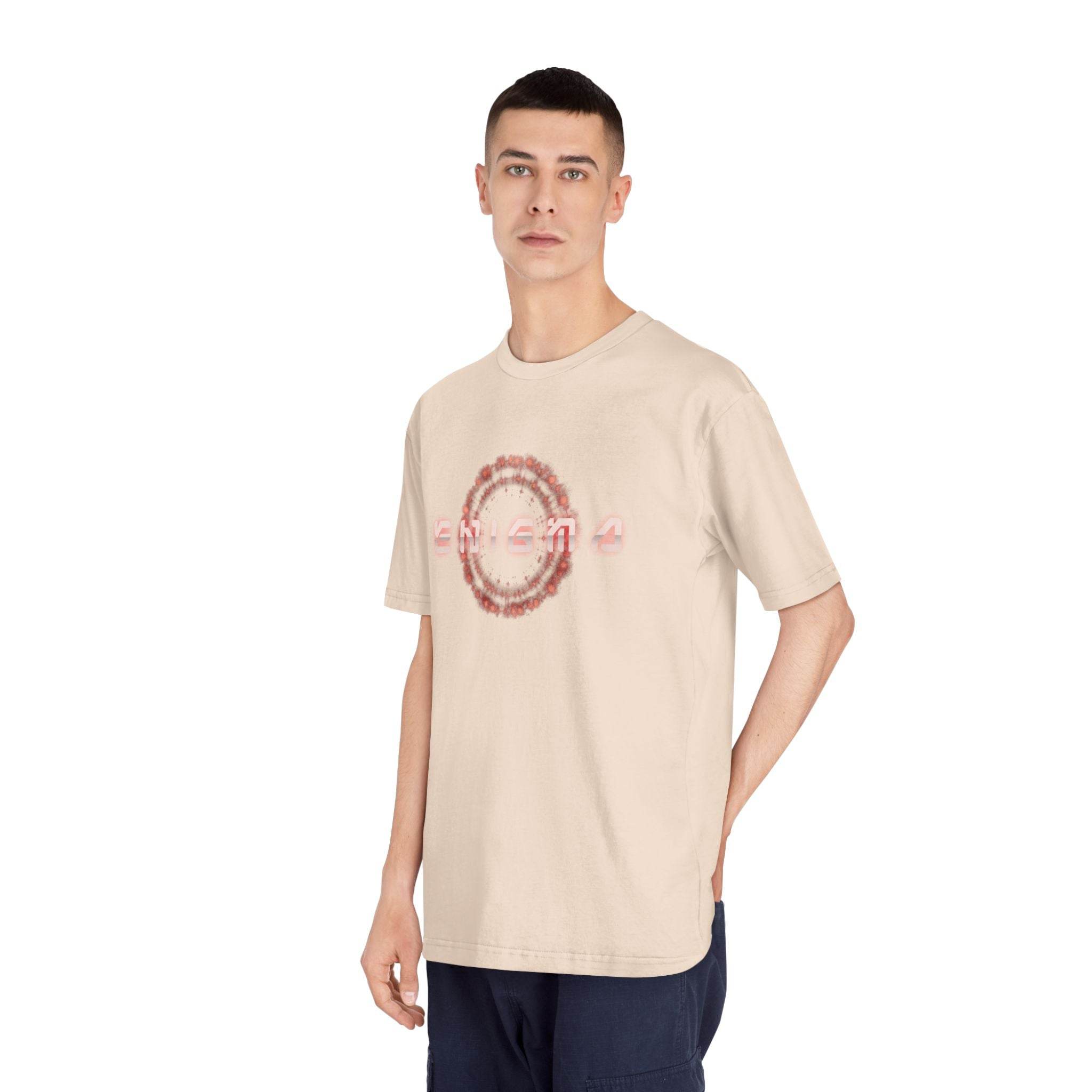 Printify beige eco-friendly unisex t-shirt worn by male model with abstract circular design