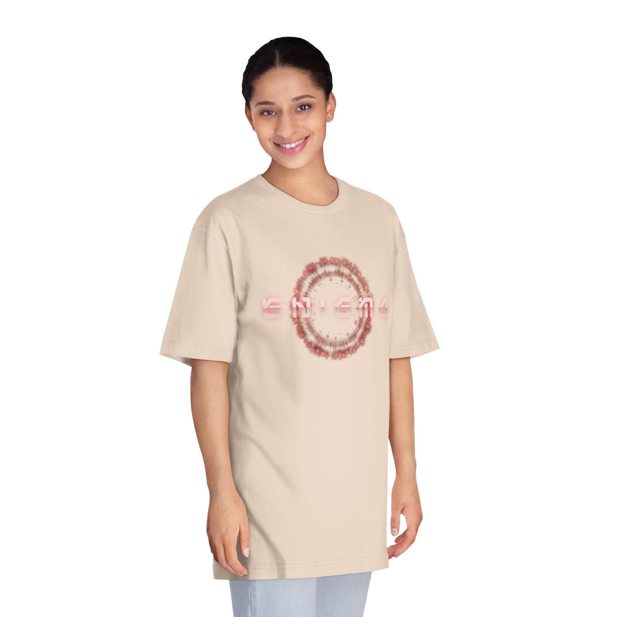 Printify eco-friendly unisex t-shirt in beige with circular graphic design worn by smiling model