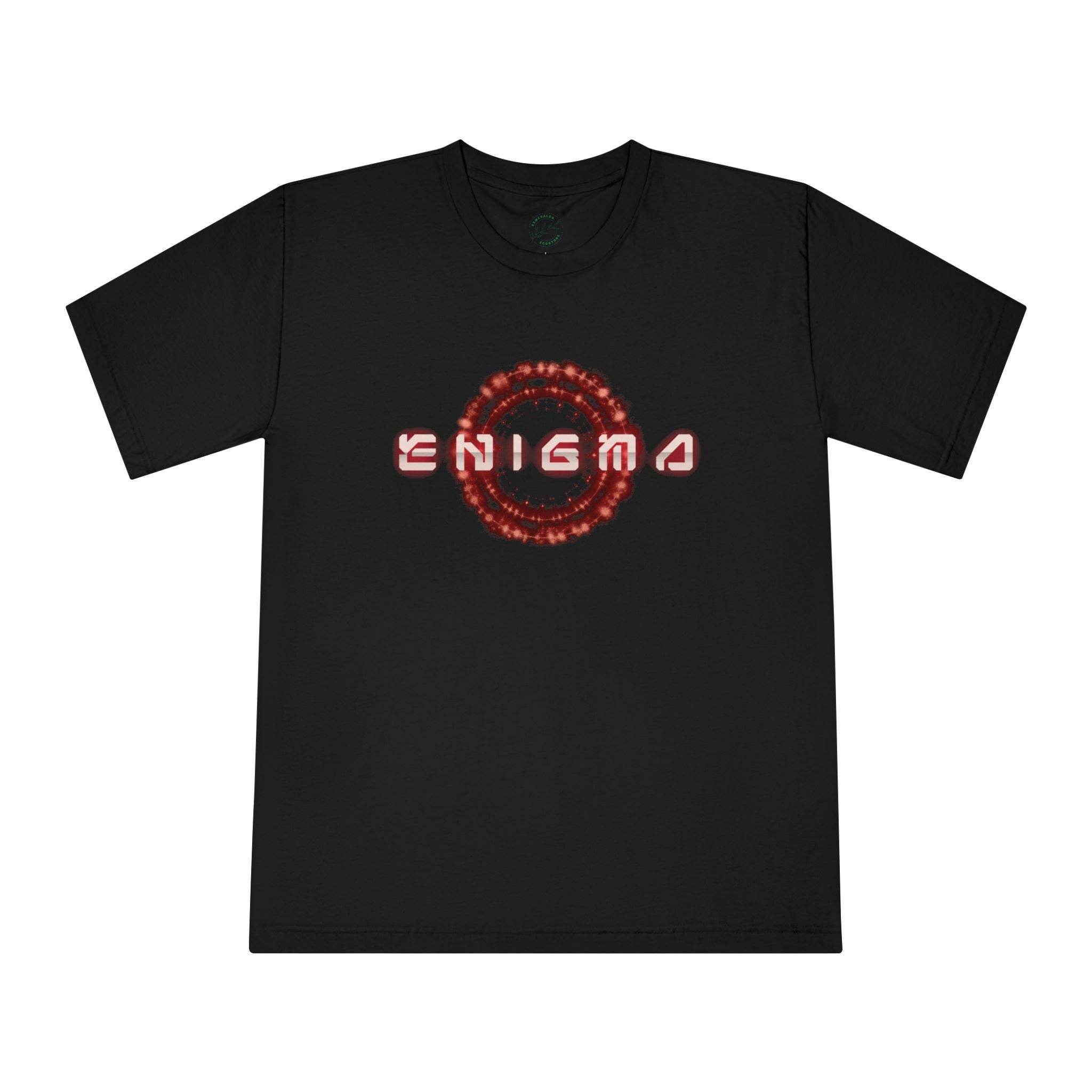 Printify black eco-friendly unisex t-shirt with red Enigma graphic design on front
