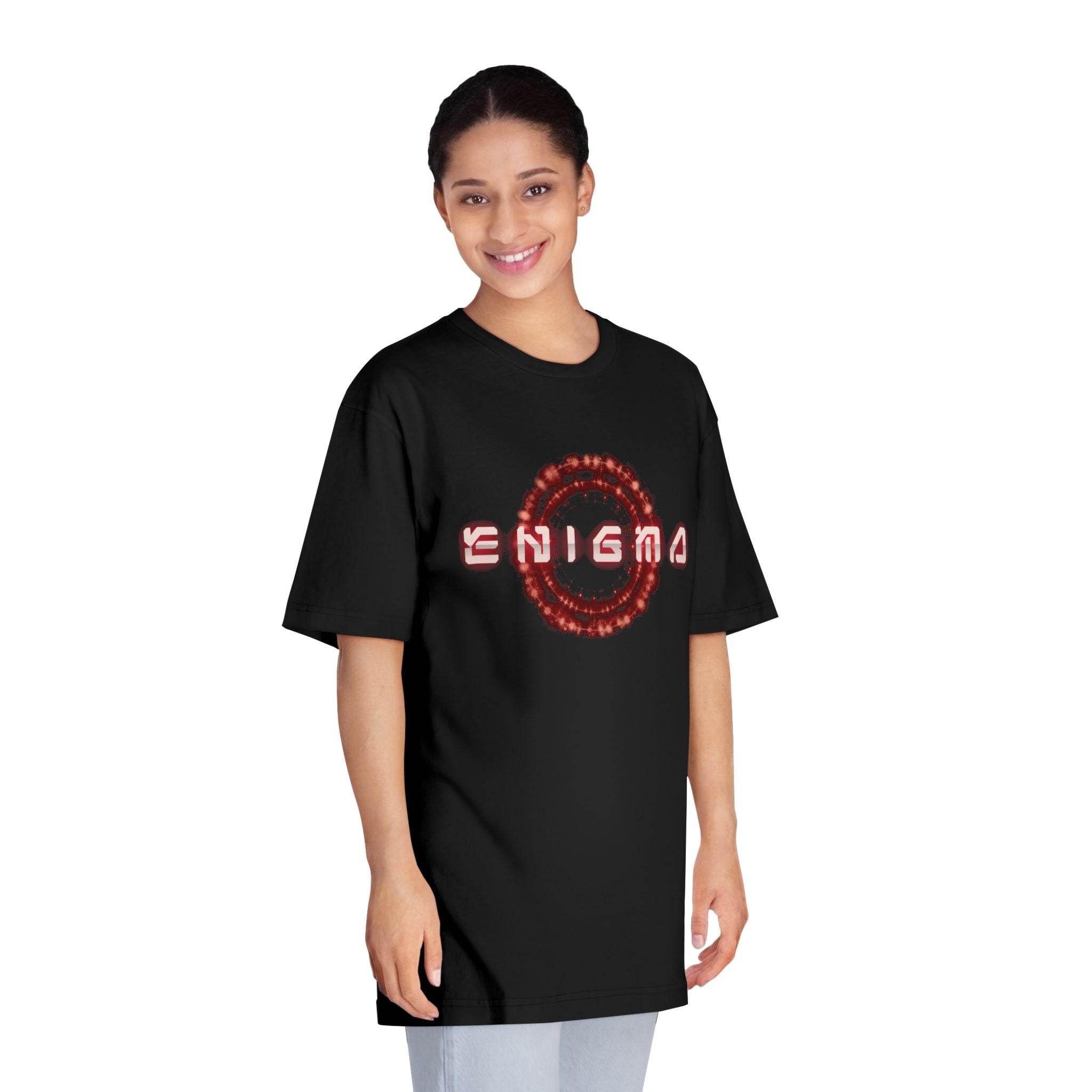 Black eco-friendly unisex t-shirt from Printify with a red Enigma graphic worn by a smiling model