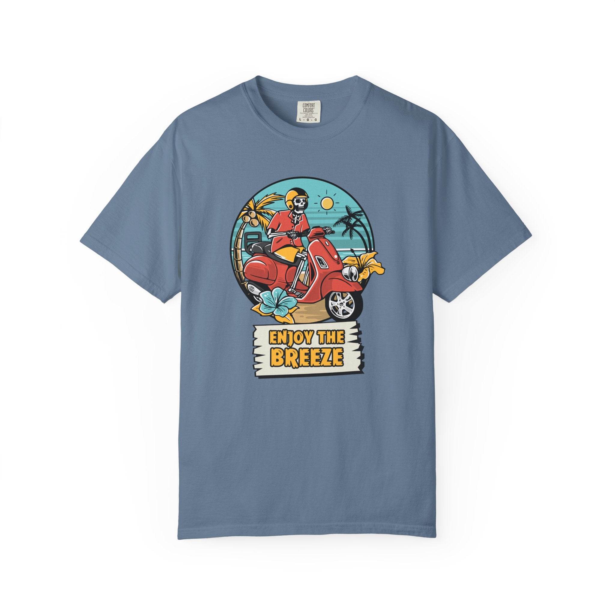 Printify eco-friendly unisex t-shirt in blue with skeleton riding red scooter and enjoy the breeze graphic