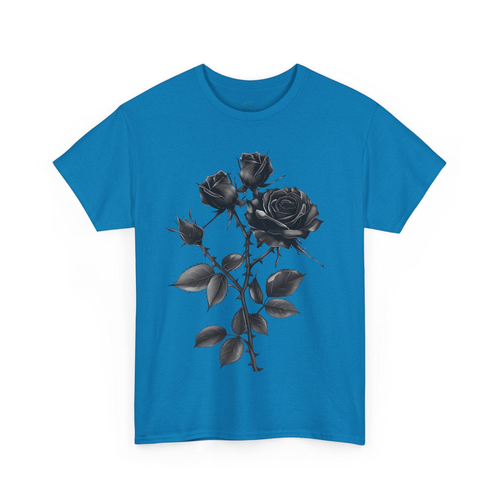 Printify eco-friendly unisex t-shirt in blue with black rose graphic design