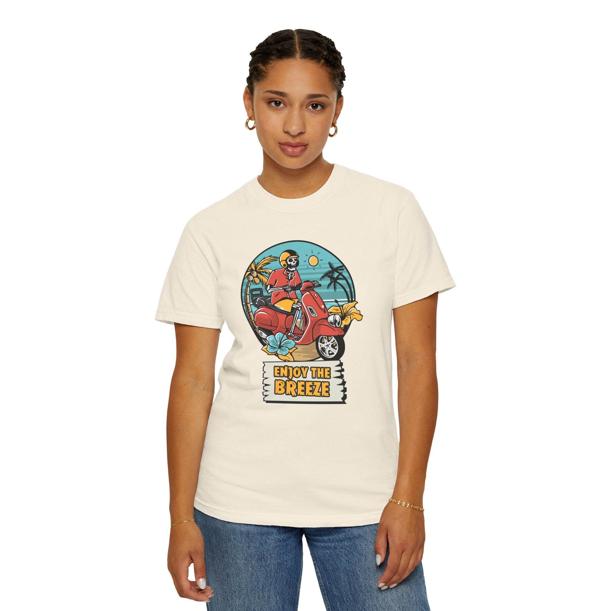 Printify eco-friendly unisex t-shirt with vintage scooter and enjoy the breeze graphic design