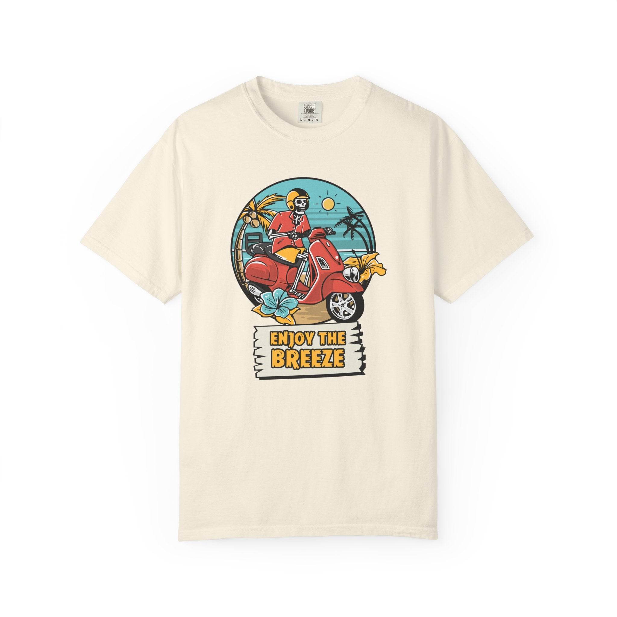 Printify eco-friendly unisex t-shirt with skeleton riding red scooter and enjoy the breeze design