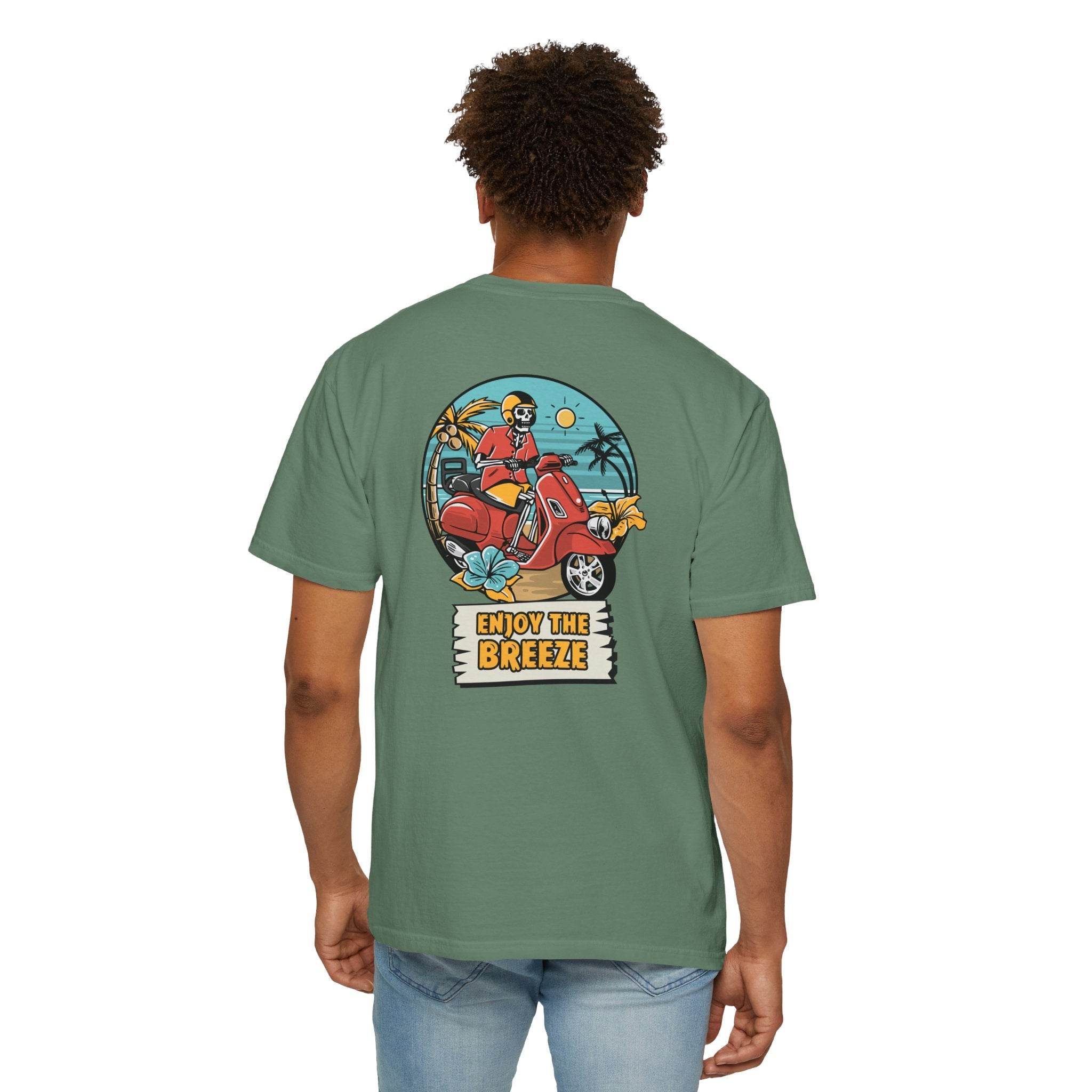 Printify eco-friendly unisex t-shirt with Enjoy the Breeze scooter graphic on back in green