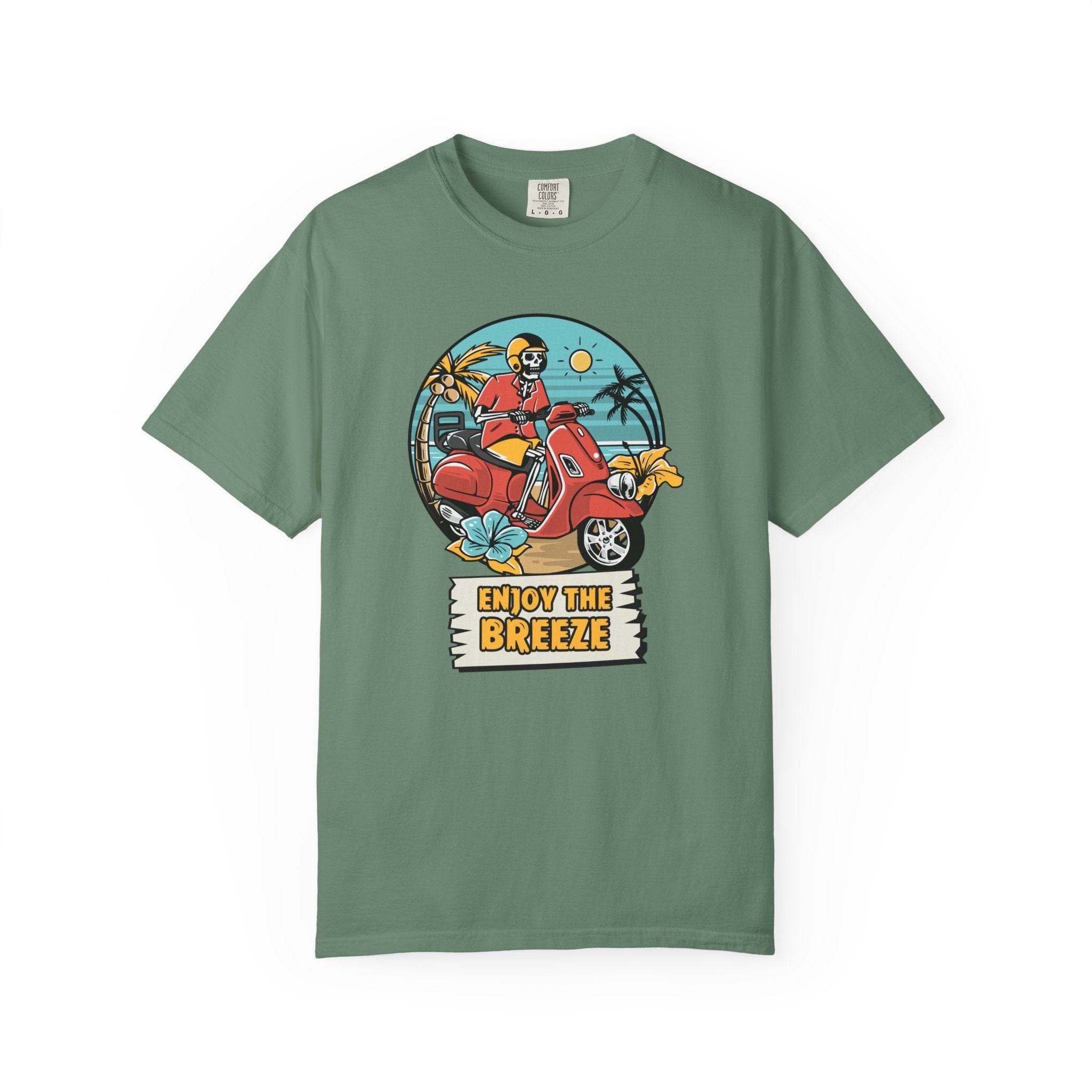 Printify eco-friendly unisex t-shirt with green fabric and Enjoy The Breeze scooter graphic