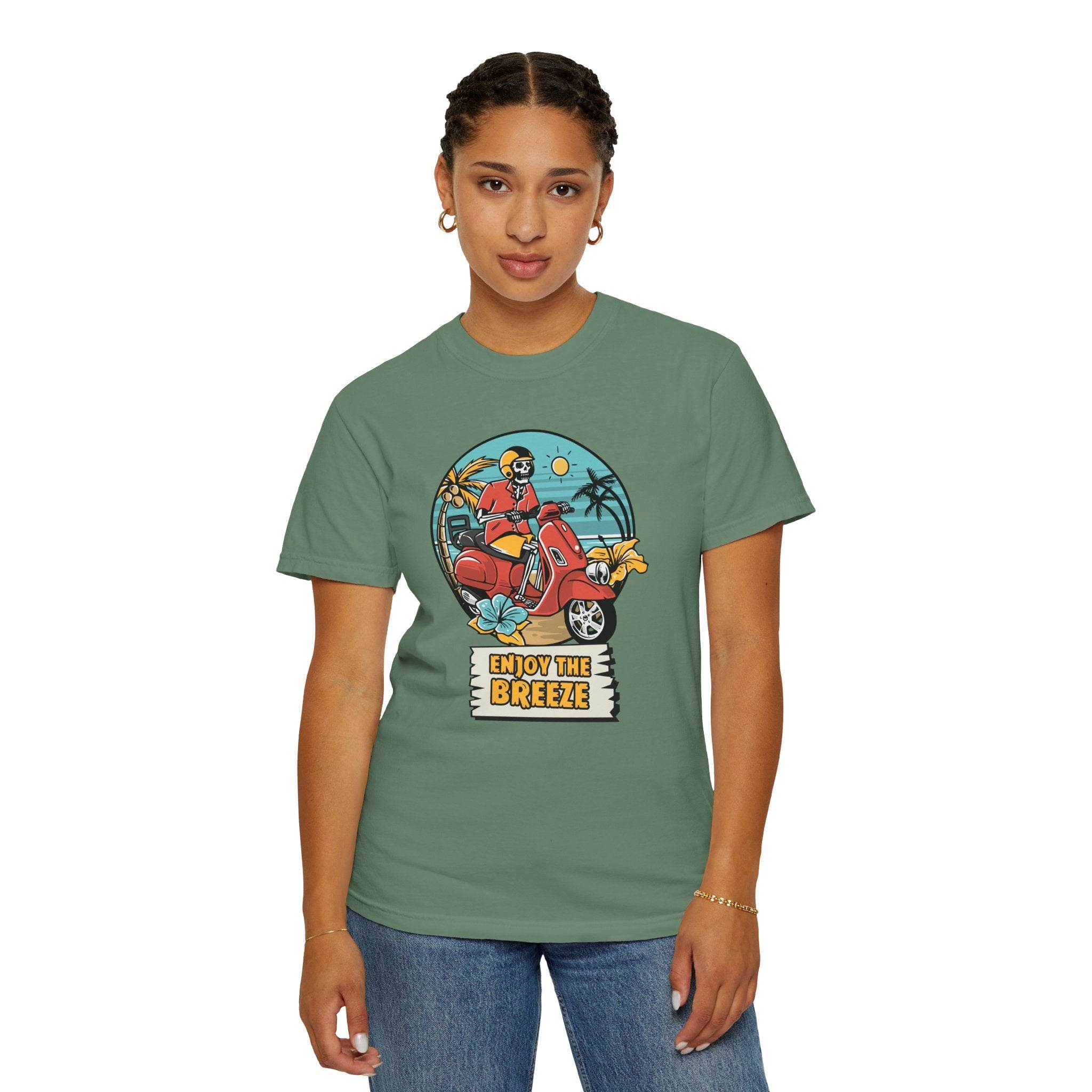 Printify eco-friendly unisex t-shirt with Enjoy The Breeze scooter graphic in green