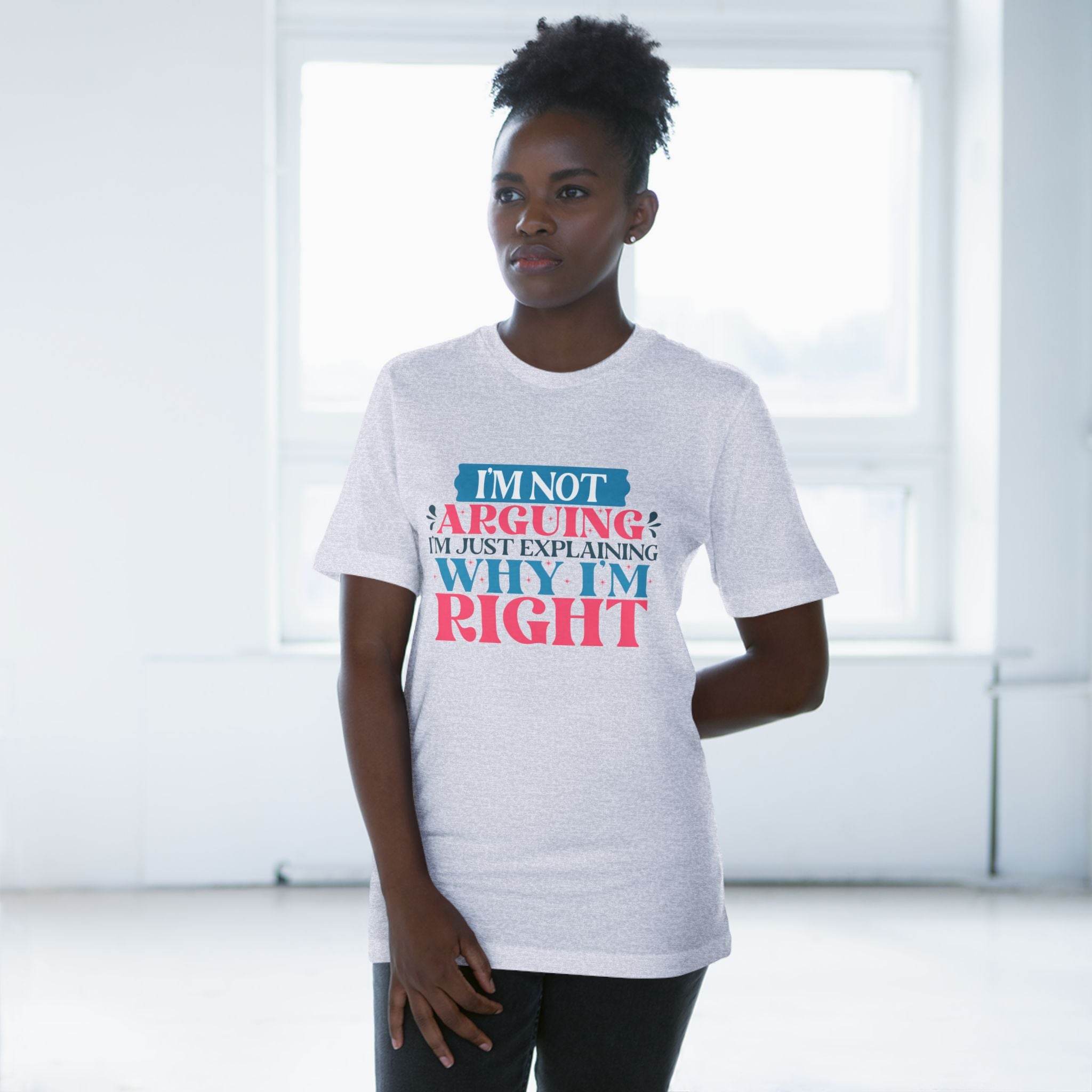 Printify eco-friendly unisex t-shirt with bold text design worn by model in bright room