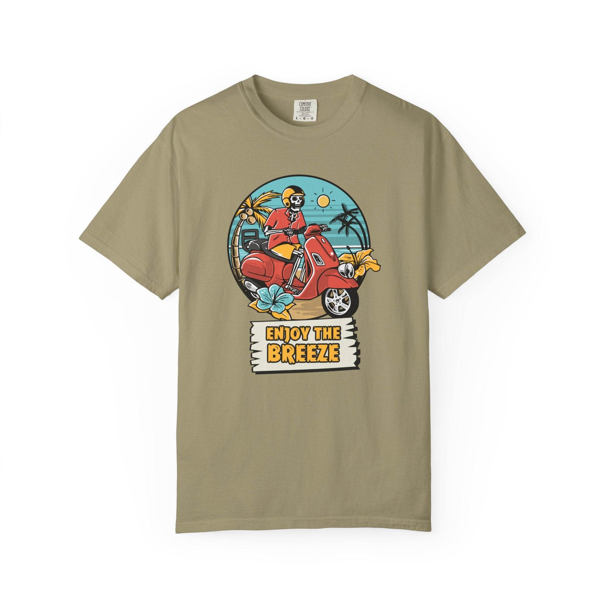 Printify eco-friendly unisex t-shirt with tropical scooter skeleton graphic and Enjoy the Breeze text