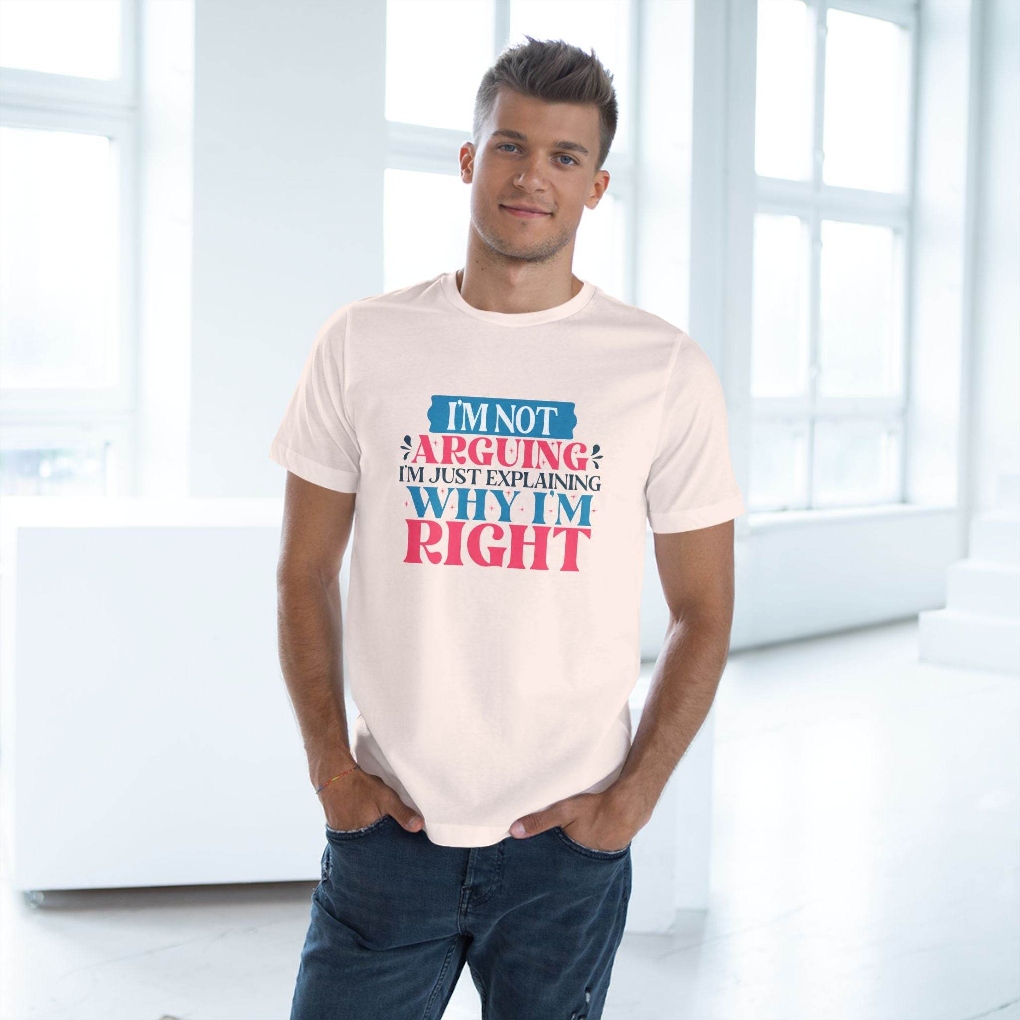 Printify eco-friendly unisex t-shirt with humorous text design worn by a male model in a bright room