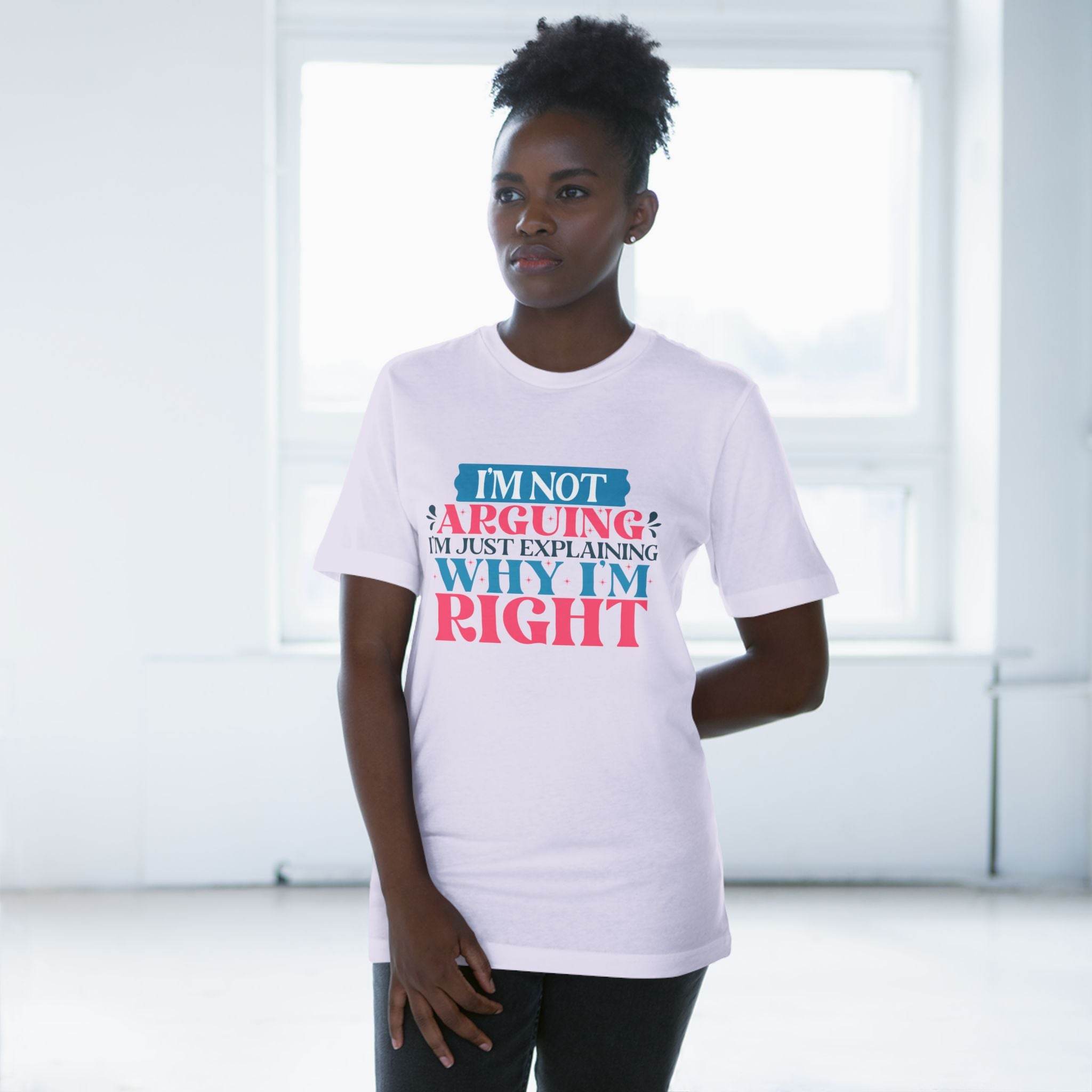 Printify eco-friendly unisex t-shirt with humorous text design worn by a woman indoors