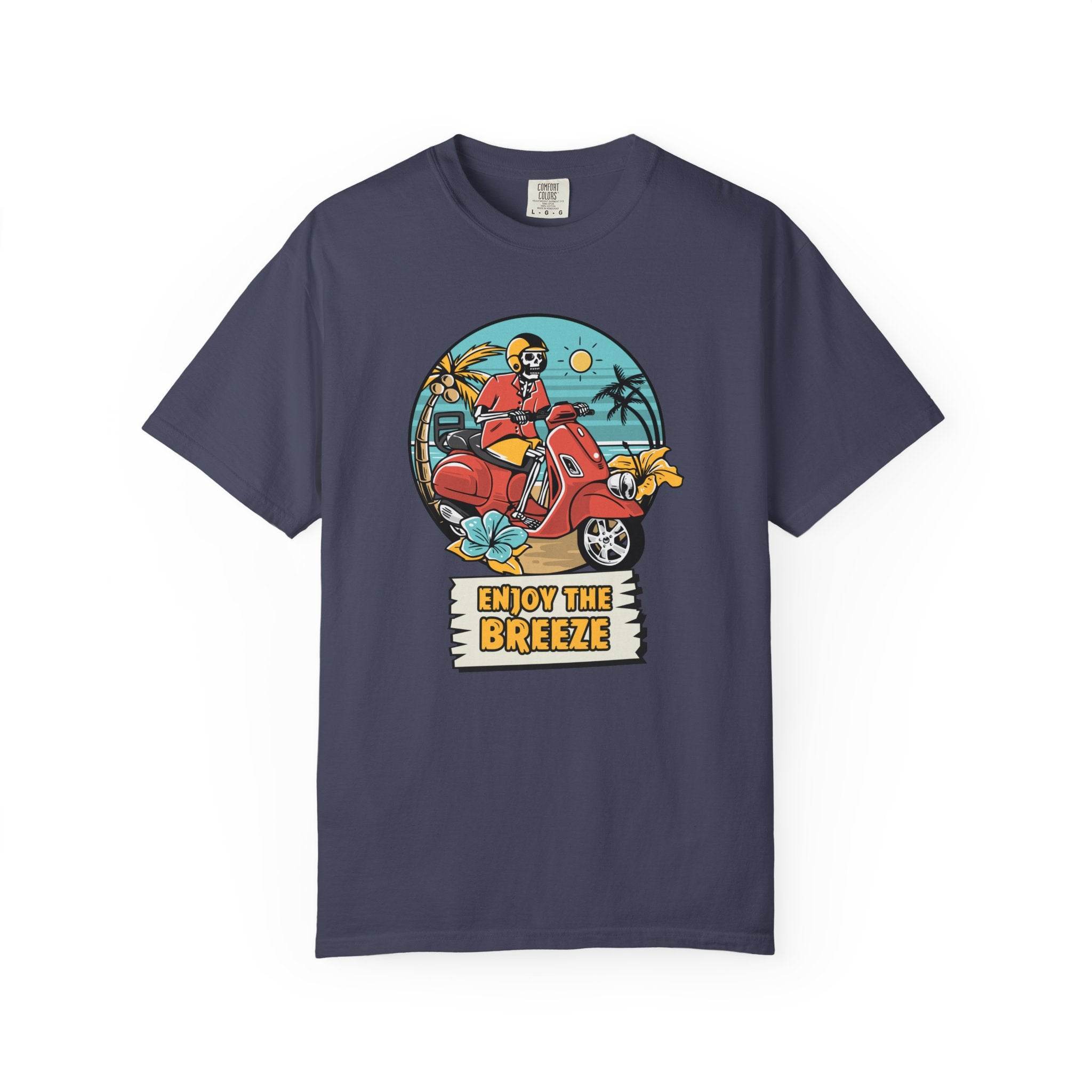 Printify eco-friendly unisex t-shirt in navy with colorful scooter and Enjoy the Breeze graphic
