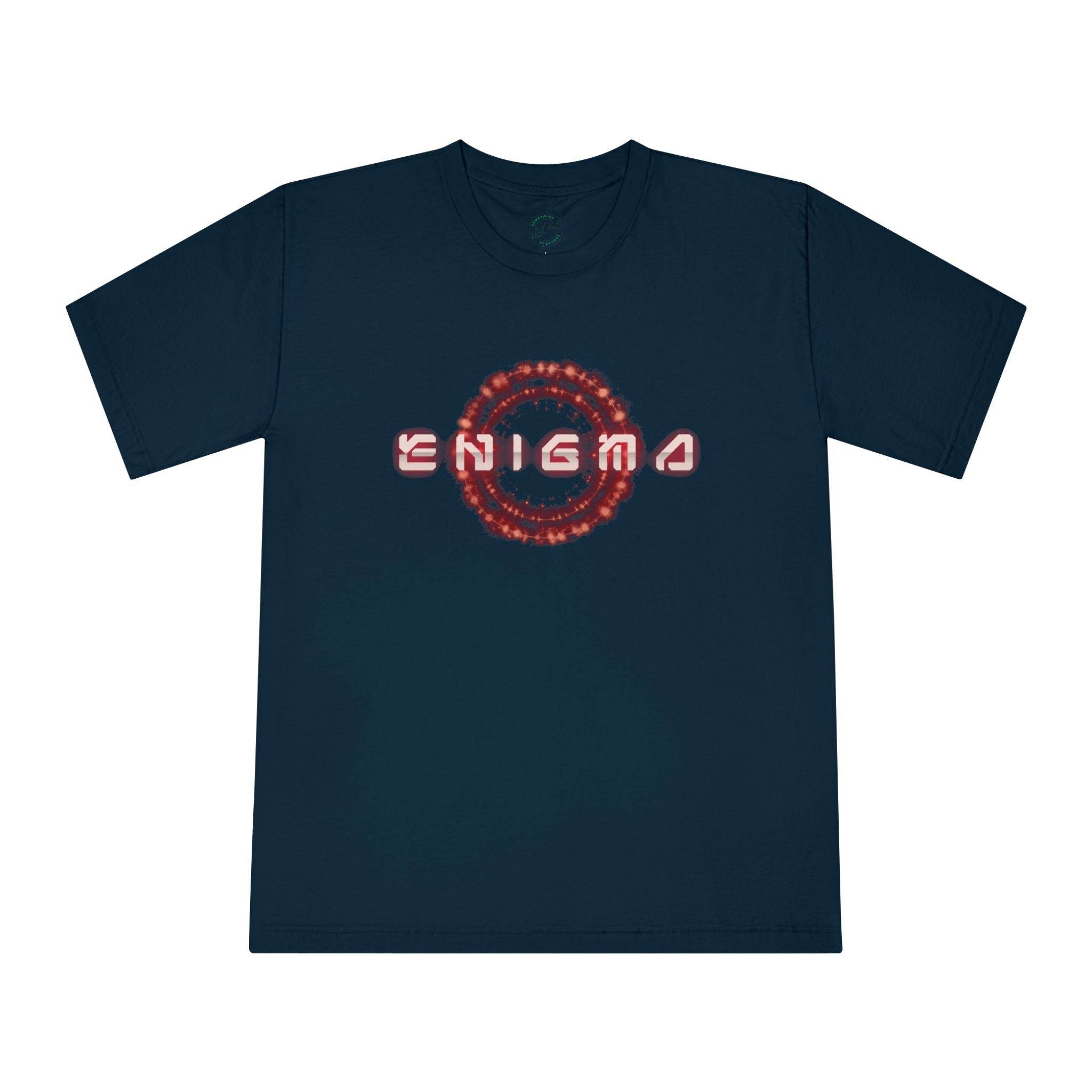 Printify navy blue eco-friendly unisex t-shirt with red Enigma graphic design