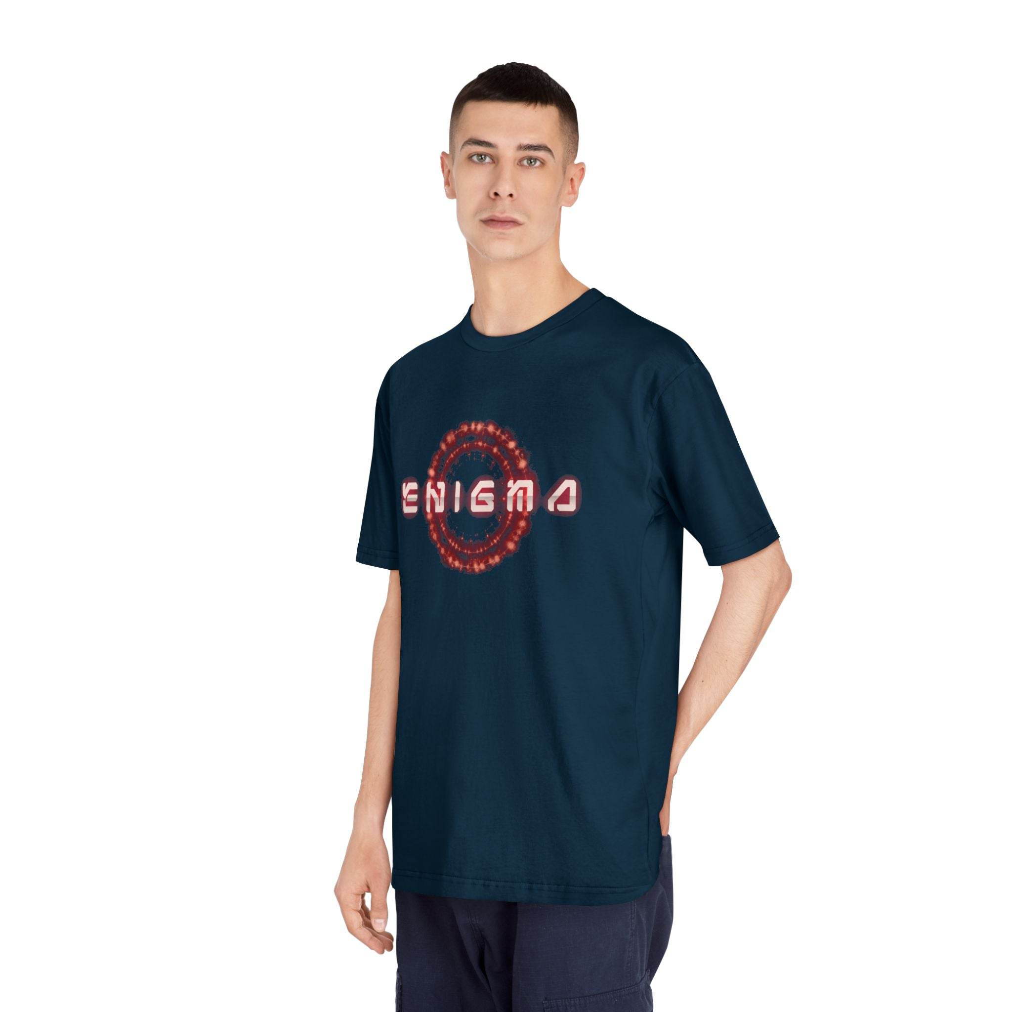 Printify eco-friendly unisex t-shirt in navy blue with enigma graphic design worn by male model
