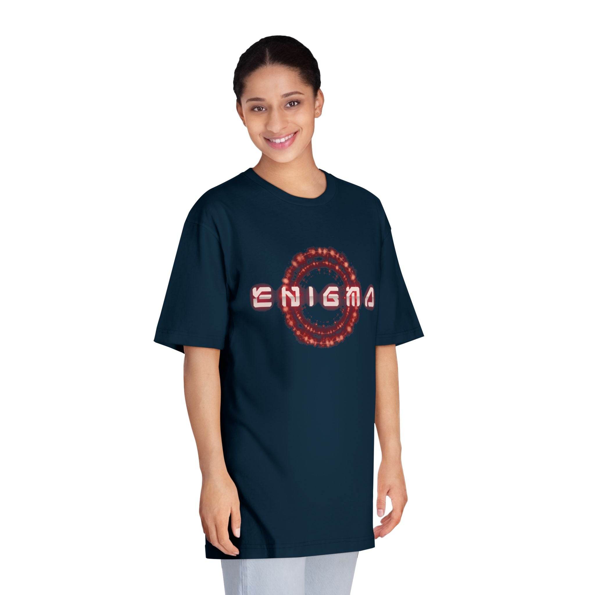 Printify eco-friendly unisex t-shirt in navy blue with Enigma graphic worn by smiling model