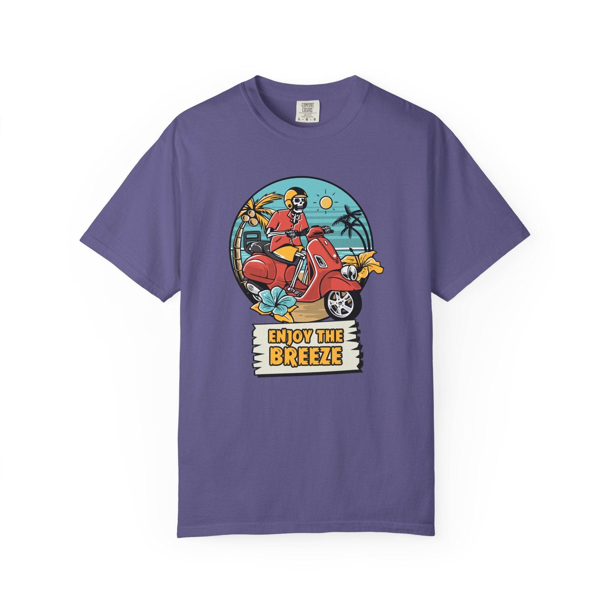 Printify eco-friendly unisex t-shirt in purple with skeleton riding red scooter and enjoy the breeze design
