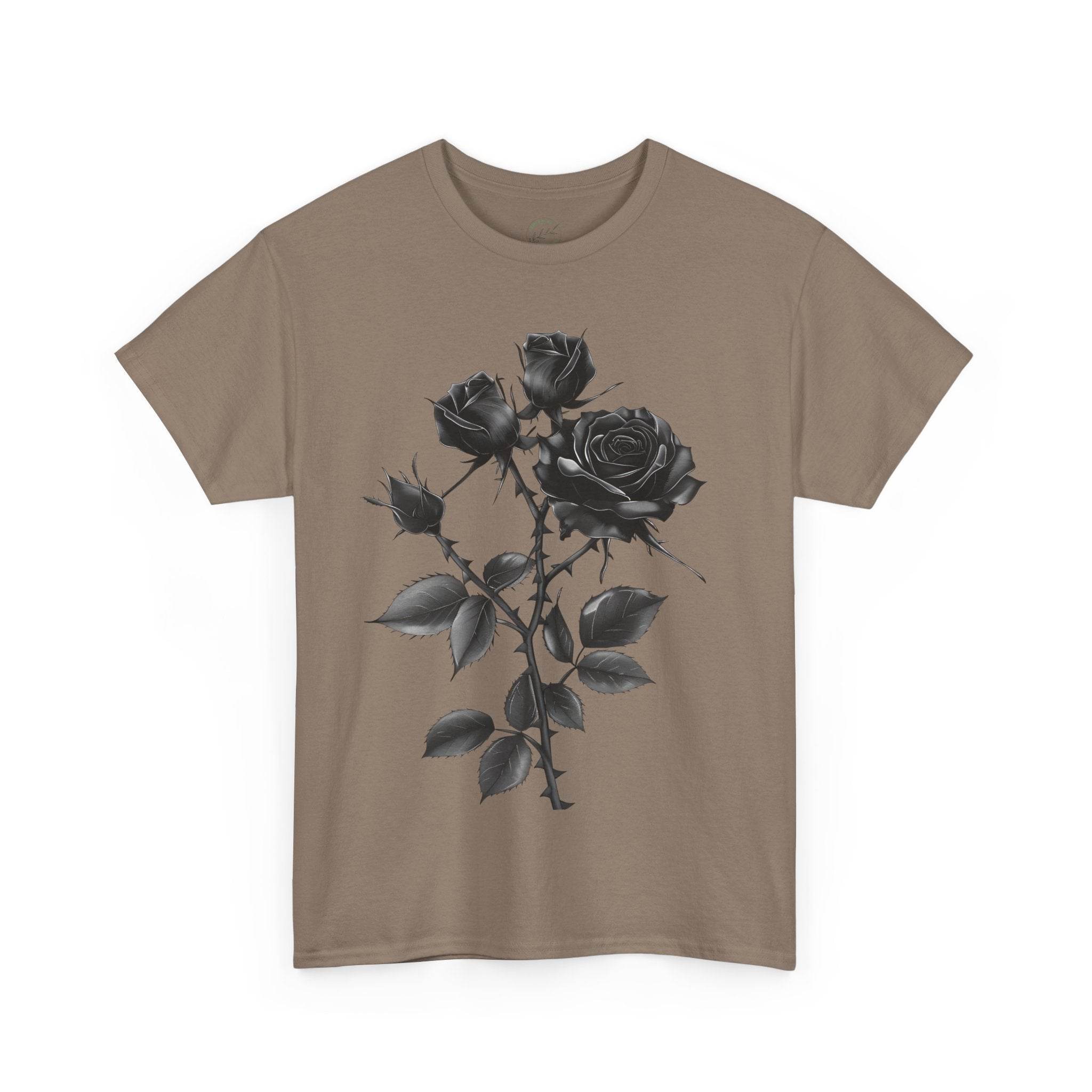 Printify eco-friendly unisex t-shirt in brown with a black rose floral design on front